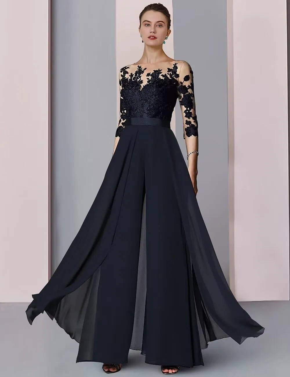 Wedding Guest Jumpsuits Lace Appliques Pantsuits Chiffon Mother of The Bride Outfit Sets Evening Party Gowns