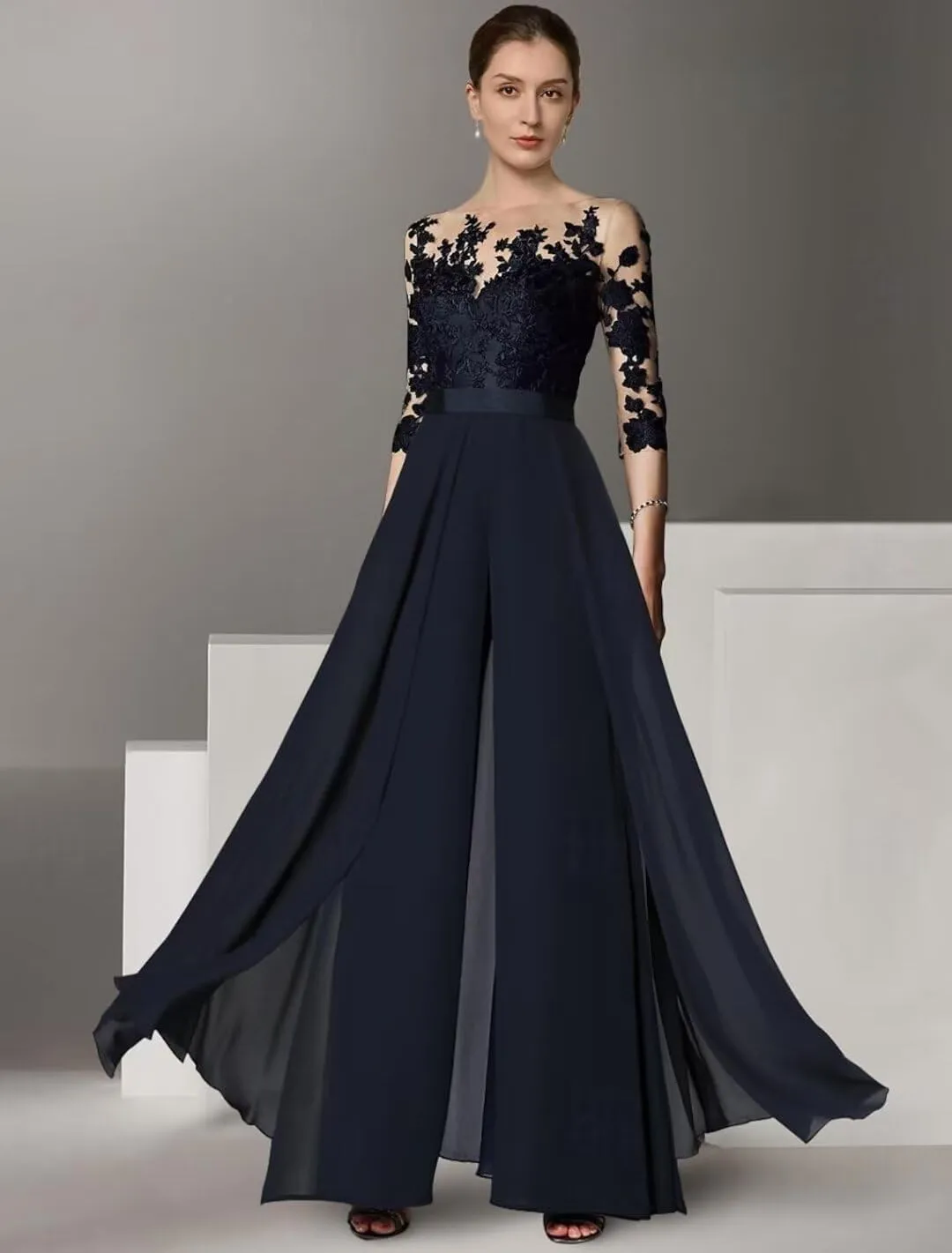 Wedding Guest Jumpsuits Lace Appliques Pantsuits Chiffon Mother of The Bride Outfit Sets Evening Party Gowns