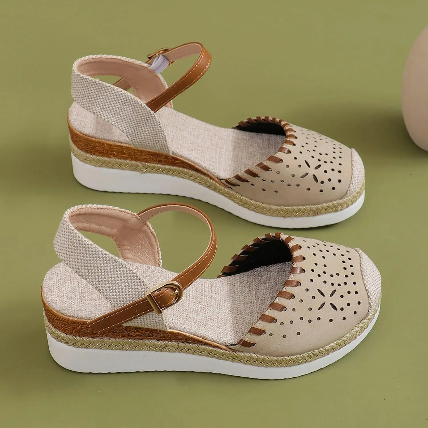 Wedge Sandals for Women Summer Arch Support Orthopedic Sandals, Hollow Open Toe Breathable Sandal Comfortable Ankle Strap Platform Sandal Slip on Outdoor Shoes