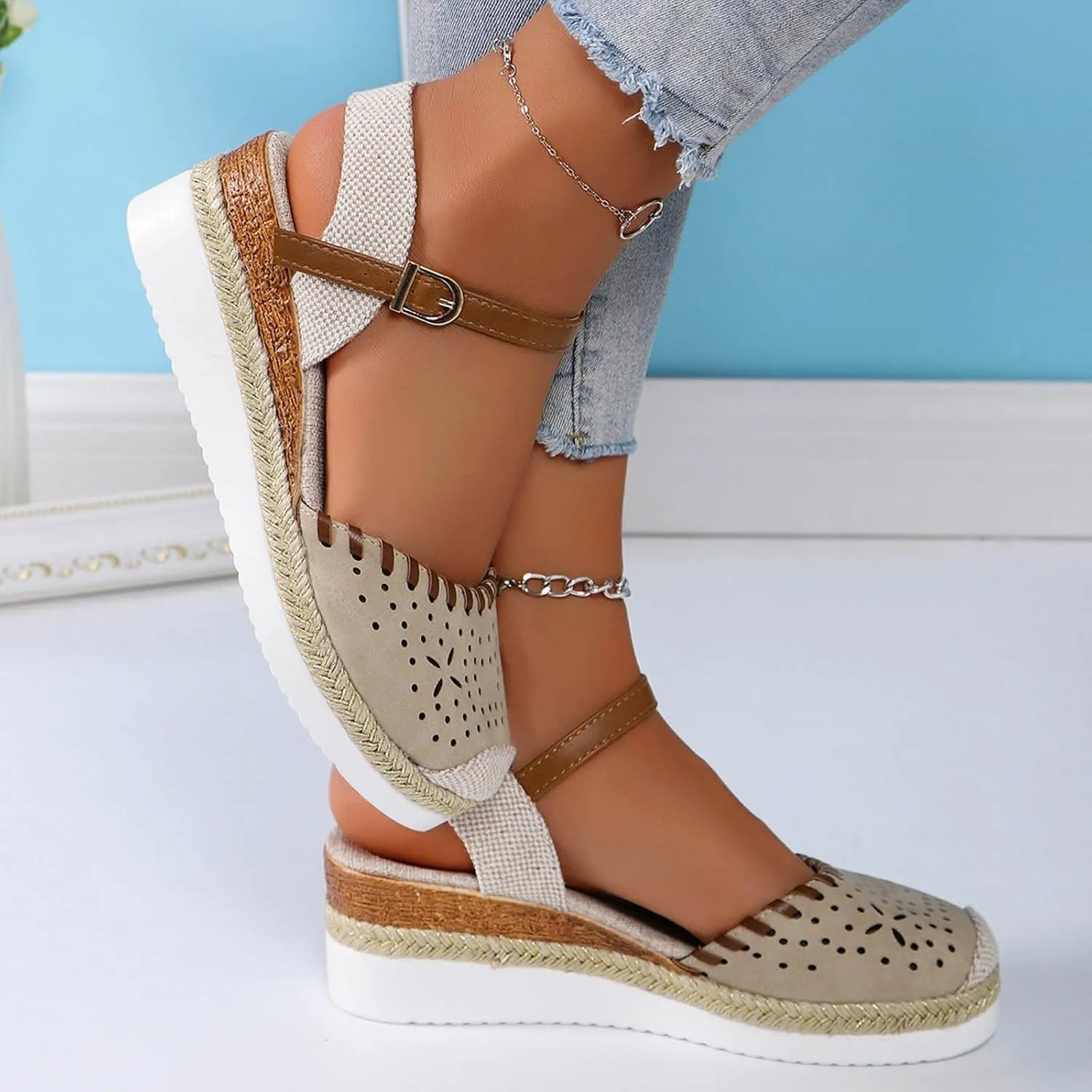 Wedge Sandals for Women Summer Arch Support Orthopedic Sandals, Hollow Open Toe Breathable Sandal Comfortable Ankle Strap Platform Sandal Slip on Outdoor Shoes