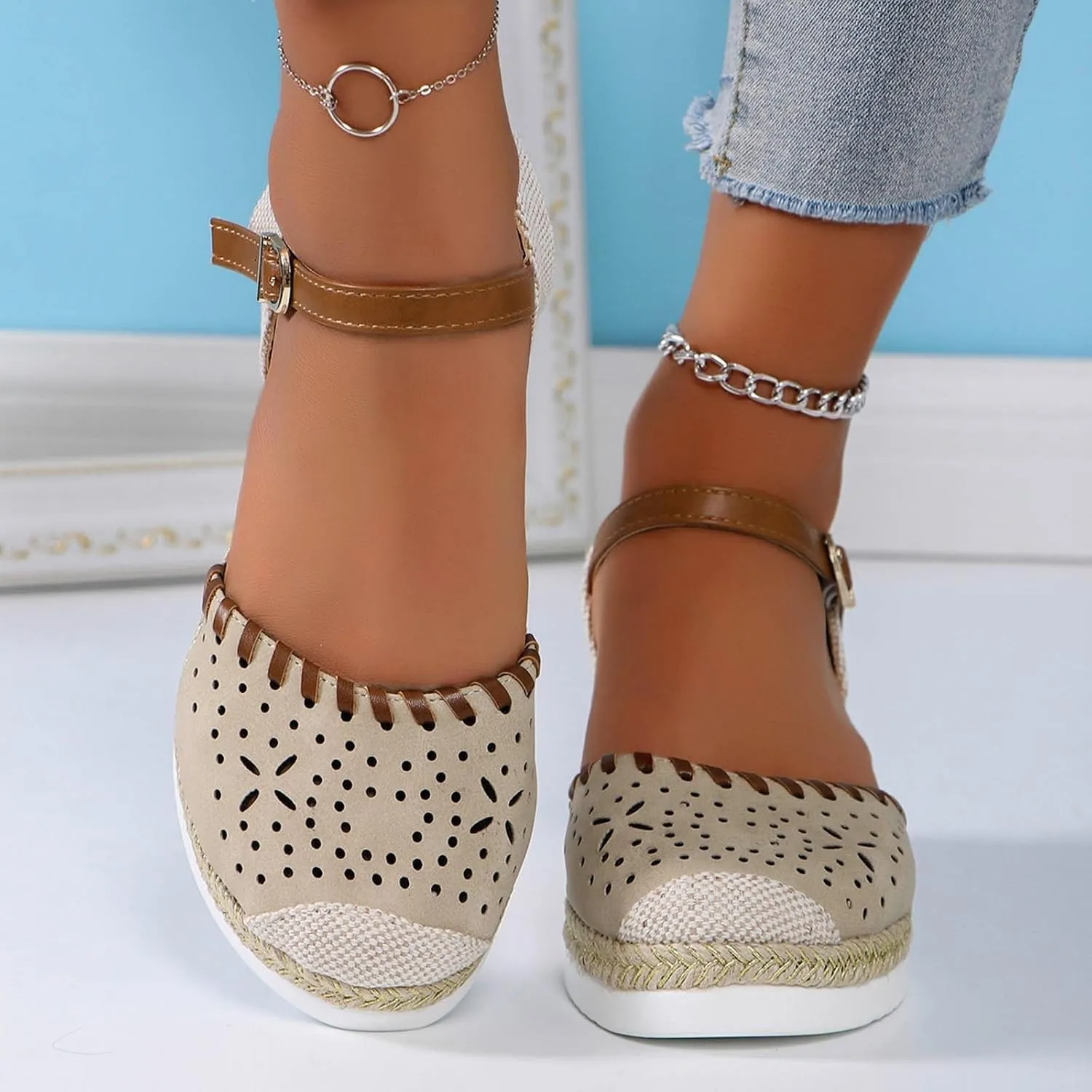 Wedge Sandals for Women Summer Arch Support Orthopedic Sandals, Hollow Open Toe Breathable Sandal Comfortable Ankle Strap Platform Sandal Slip on Outdoor Shoes