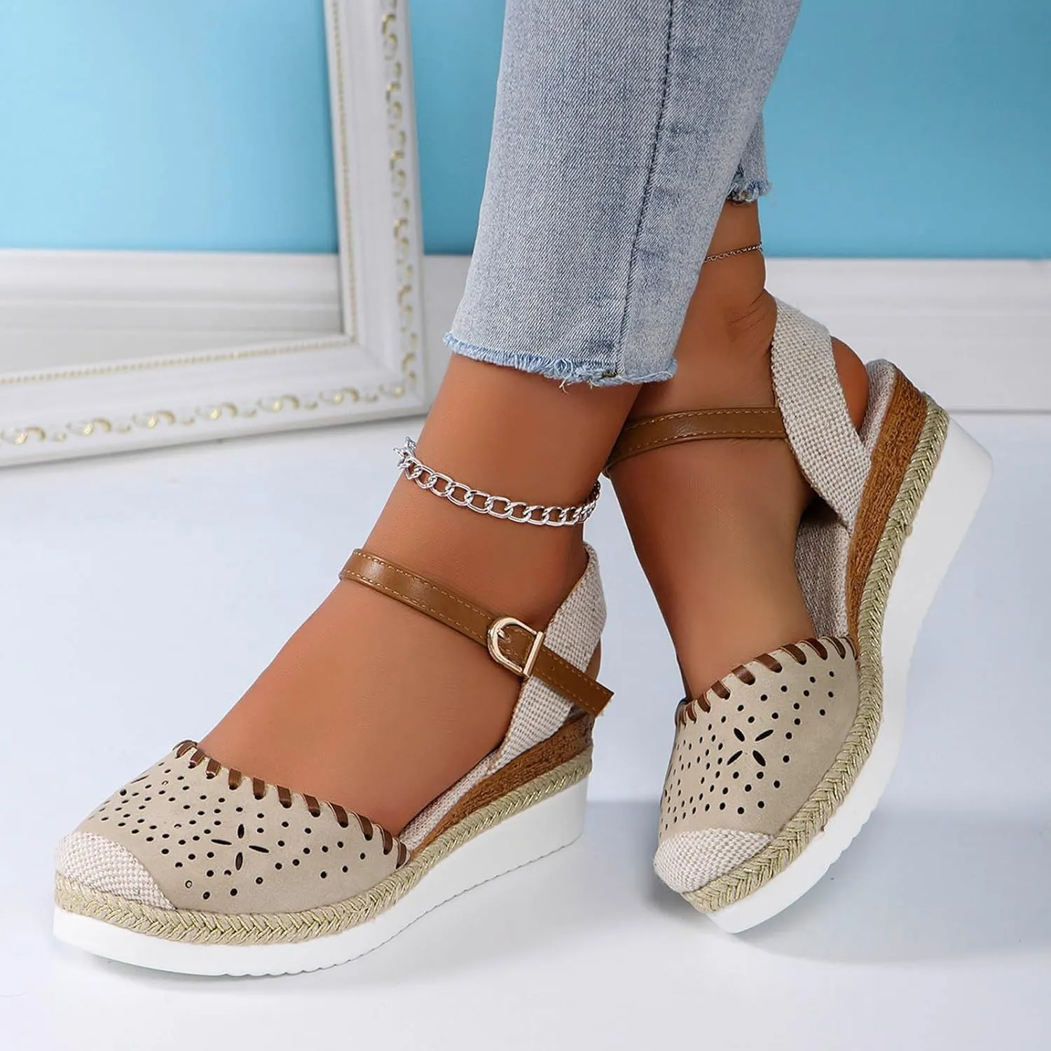 Wedge Sandals for Women Summer Arch Support Orthopedic Sandals, Hollow Open Toe Breathable Sandal Comfortable Ankle Strap Platform Sandal Slip on Outdoor Shoes