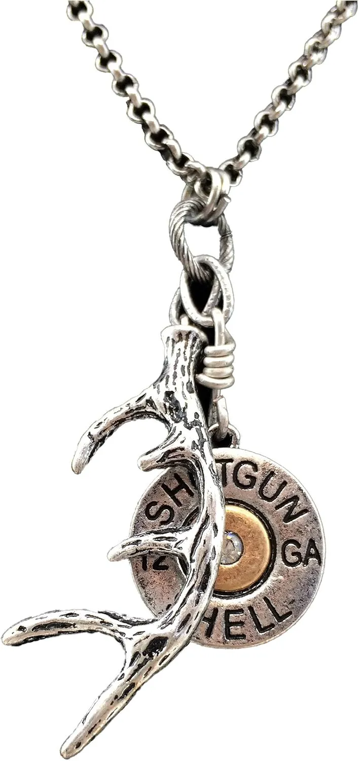 Western Peak Western Shotgun Bullet Shell Buck Antler Charms Pendant Necklace with Earrings Copper Silver