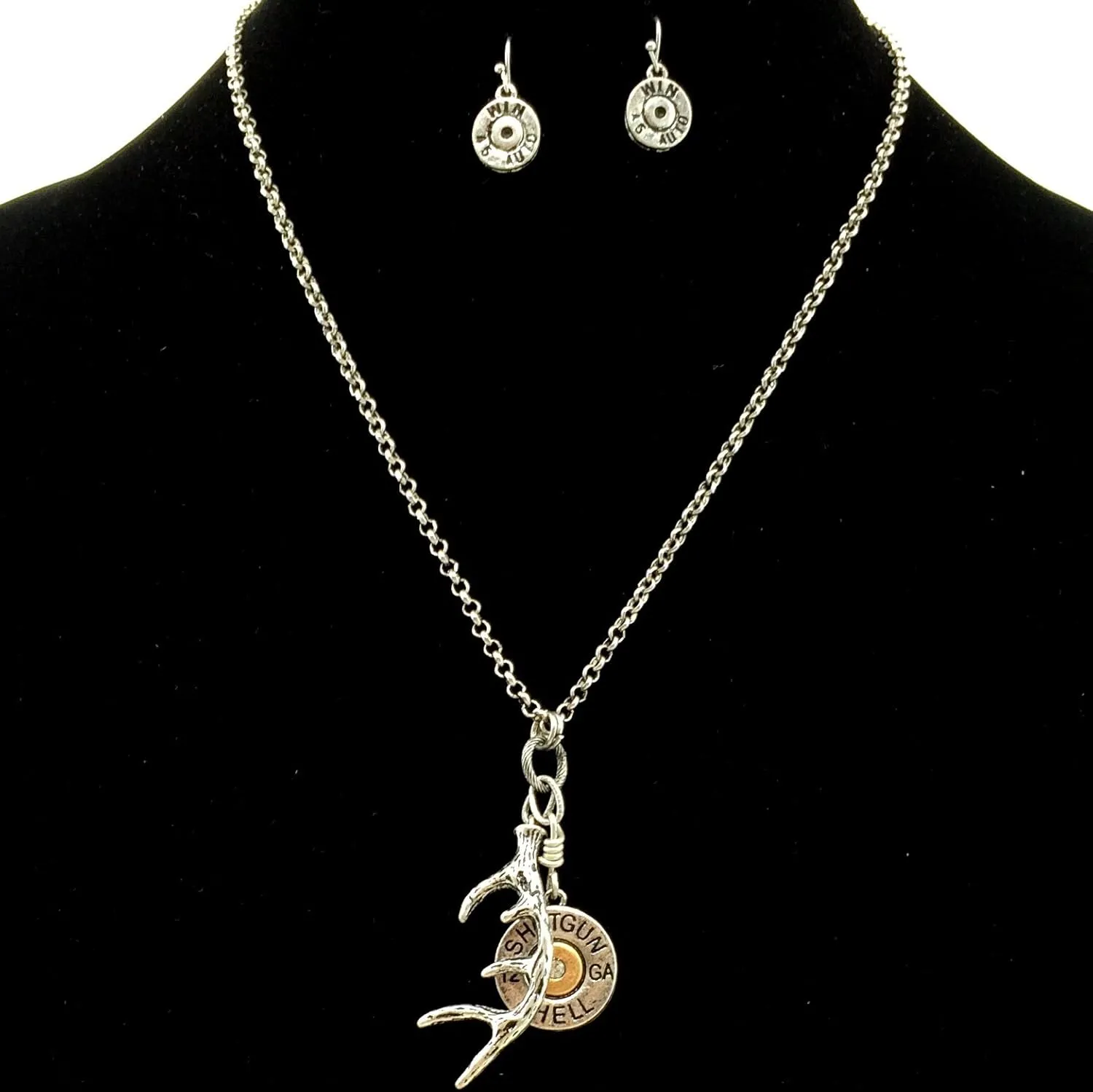 Western Peak Western Shotgun Bullet Shell Buck Antler Charms Pendant Necklace with Earrings Copper Silver