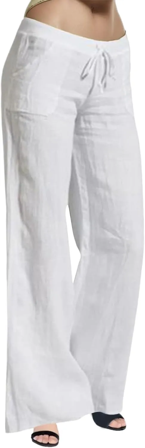 Wide Leg Pants for Woman Summer Linen Flowy Pants Preppy Aesthetics Pants Drawstring High Waisted Palazzo Pants with Pockets