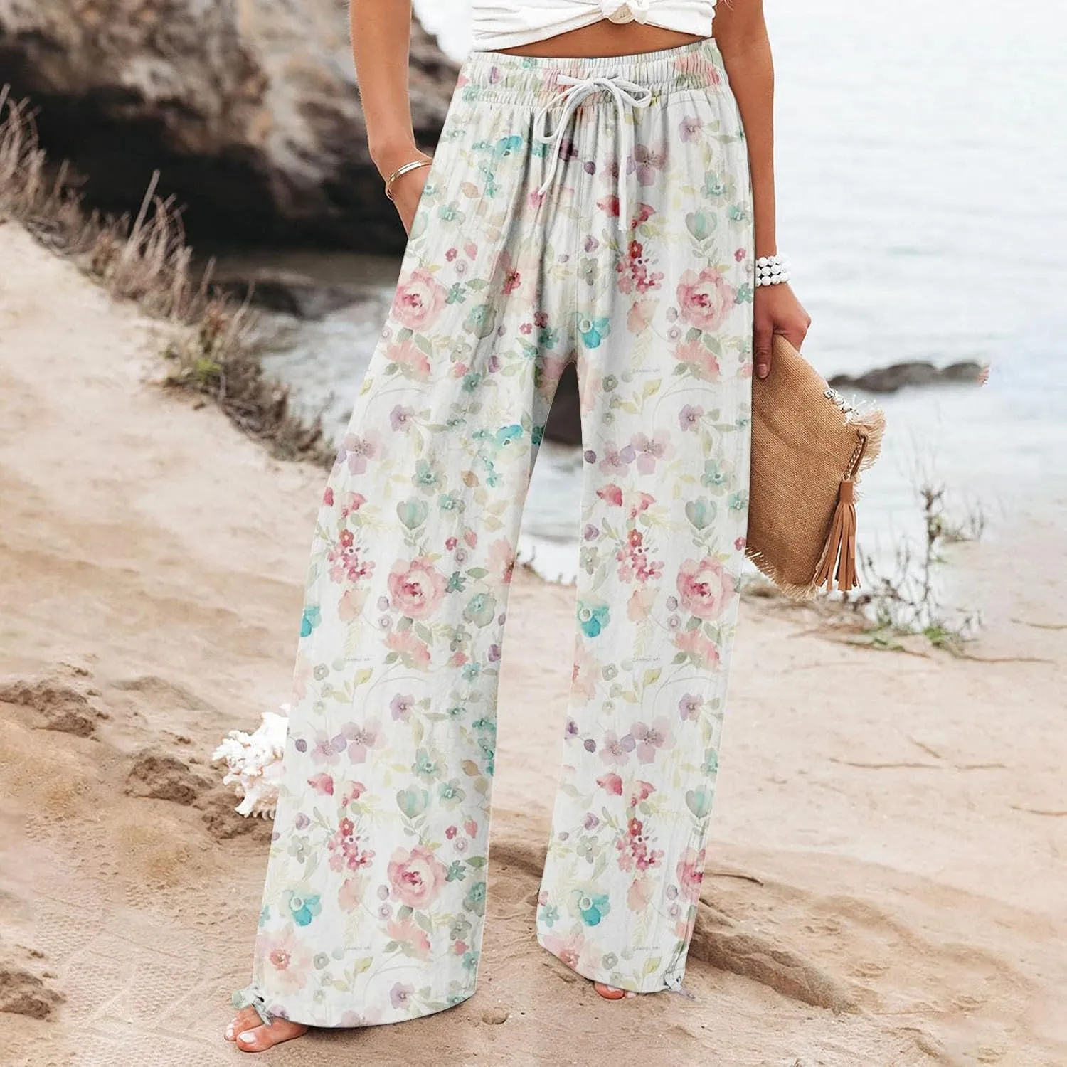 Wide Leg Pants for Women Womens Cotton Casual Loose Pants Comfy Work Pants with Pockets High Waisted Palazzo Pants