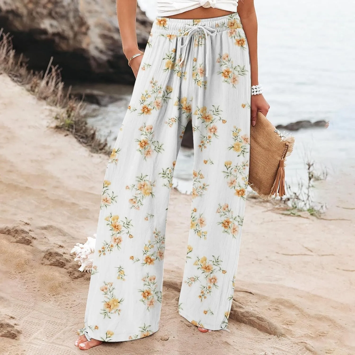 Wide Leg Pants for Women Womens Cotton Casual Loose Pants Comfy Work Pants with Pockets High Waisted Palazzo Pants