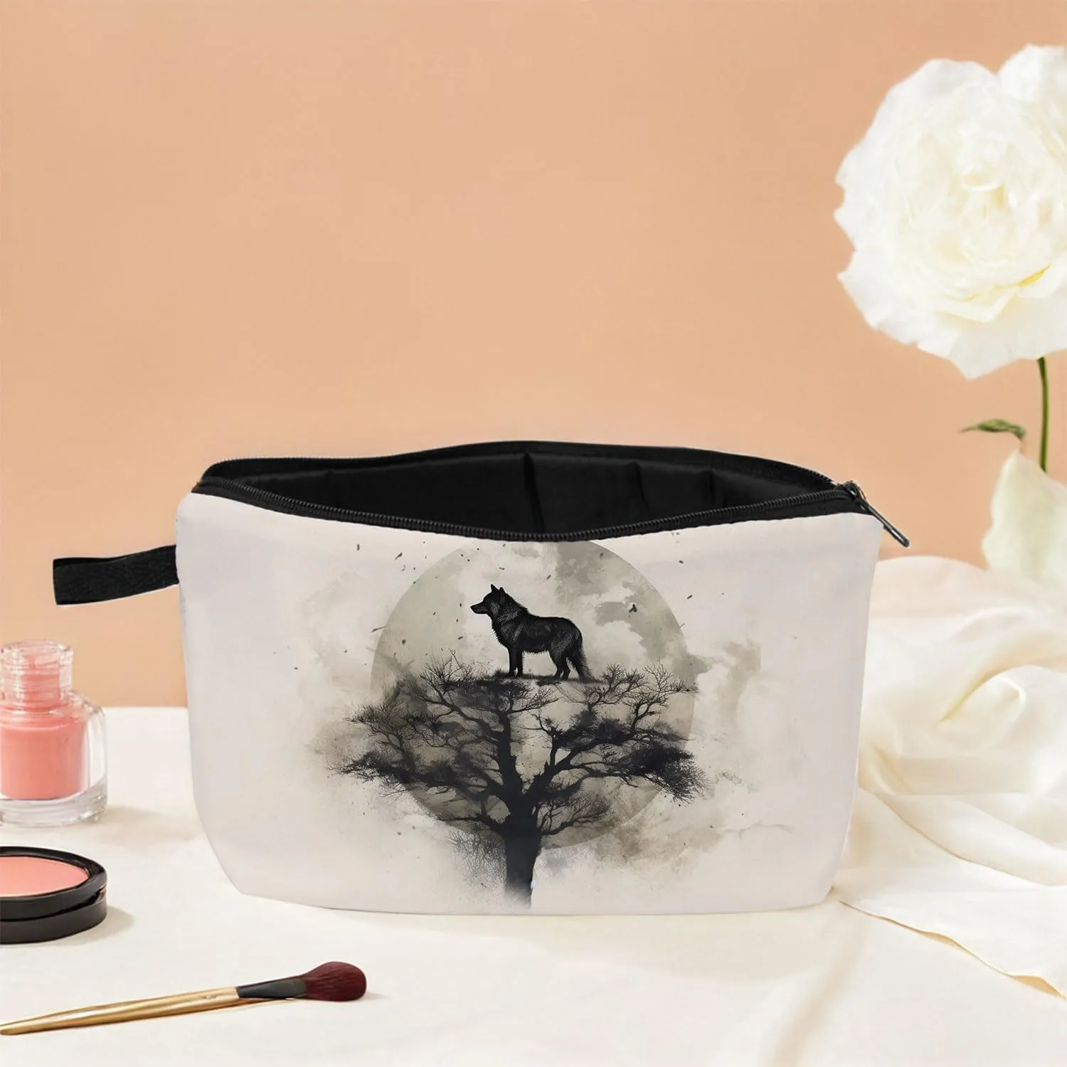 Wolf & Tree Cosmetic Bag Nature-Inspired Printed Travel Organizer for Women Adults Mysterious Gift with Forest Art Birthday Gift for Sister Friend