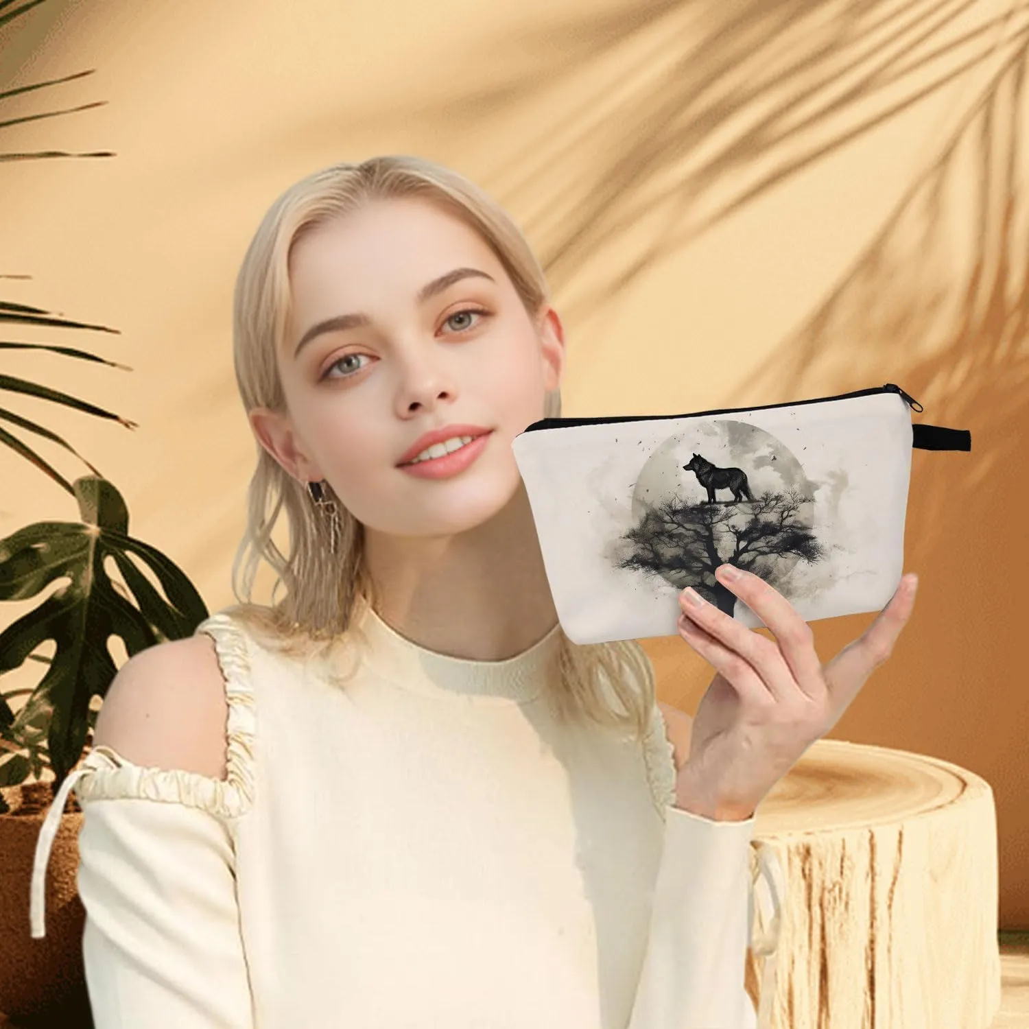 Wolf & Tree Cosmetic Bag Nature-Inspired Printed Travel Organizer for Women Adults Mysterious Gift with Forest Art Birthday Gift for Sister Friend