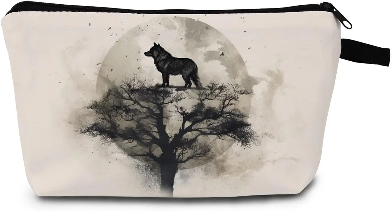 Wolf & Tree Cosmetic Bag Nature-Inspired Printed Travel Organizer for Women Adults Mysterious Gift with Forest Art Birthday Gift for Sister Friend