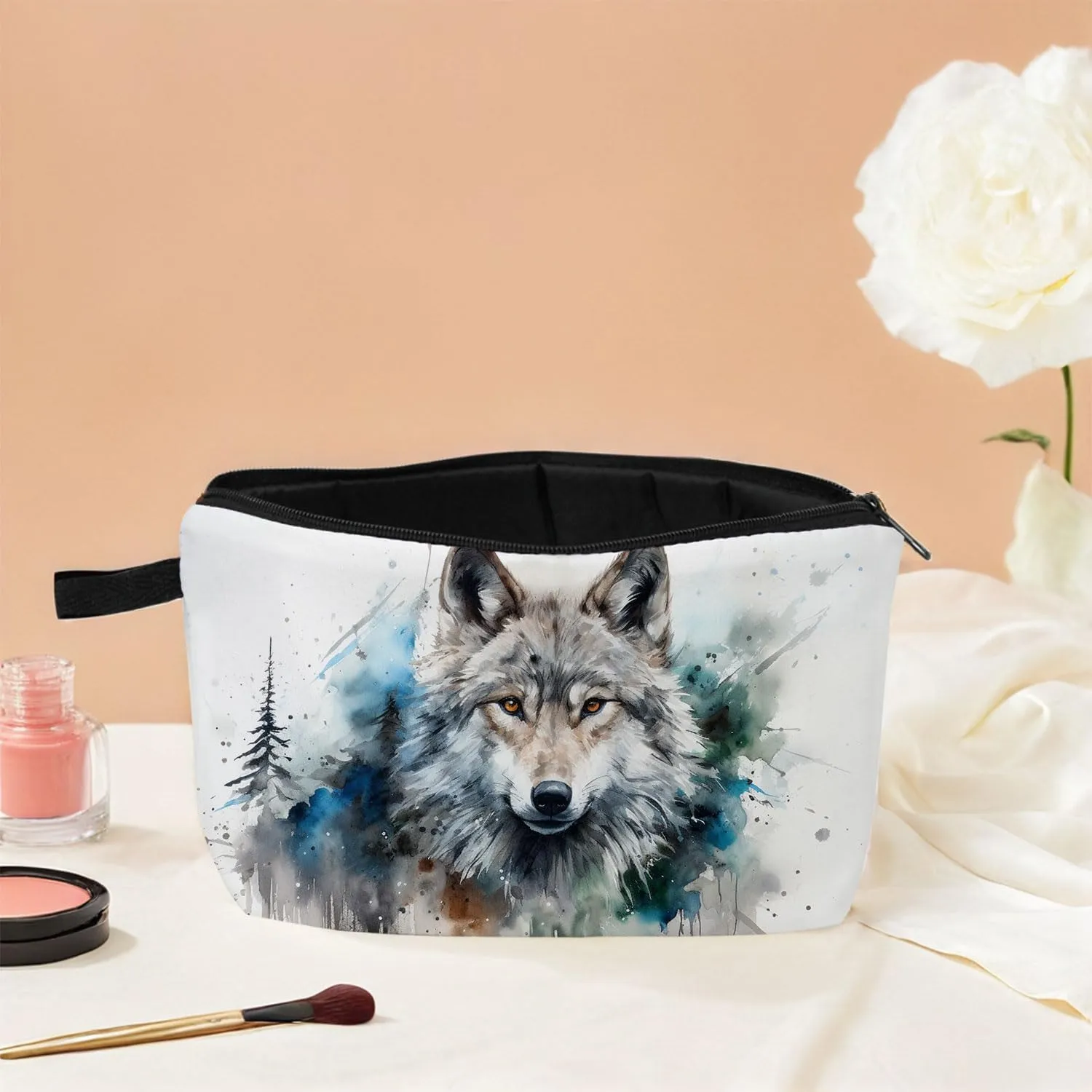 Wolf Makeup Bag for Women Travel Cosmetic Organizer Bag Teacher Appreciation Gifts Small Zipper Toiletry Bag