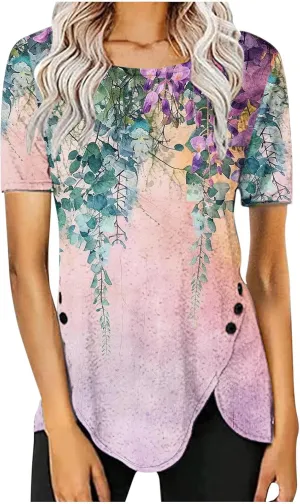 Women 2024 Short Sleeve Summer Shirts Floral Print Fitted Causal Tshirts Boho Blouses Tunics Dressy Trendy Clothes