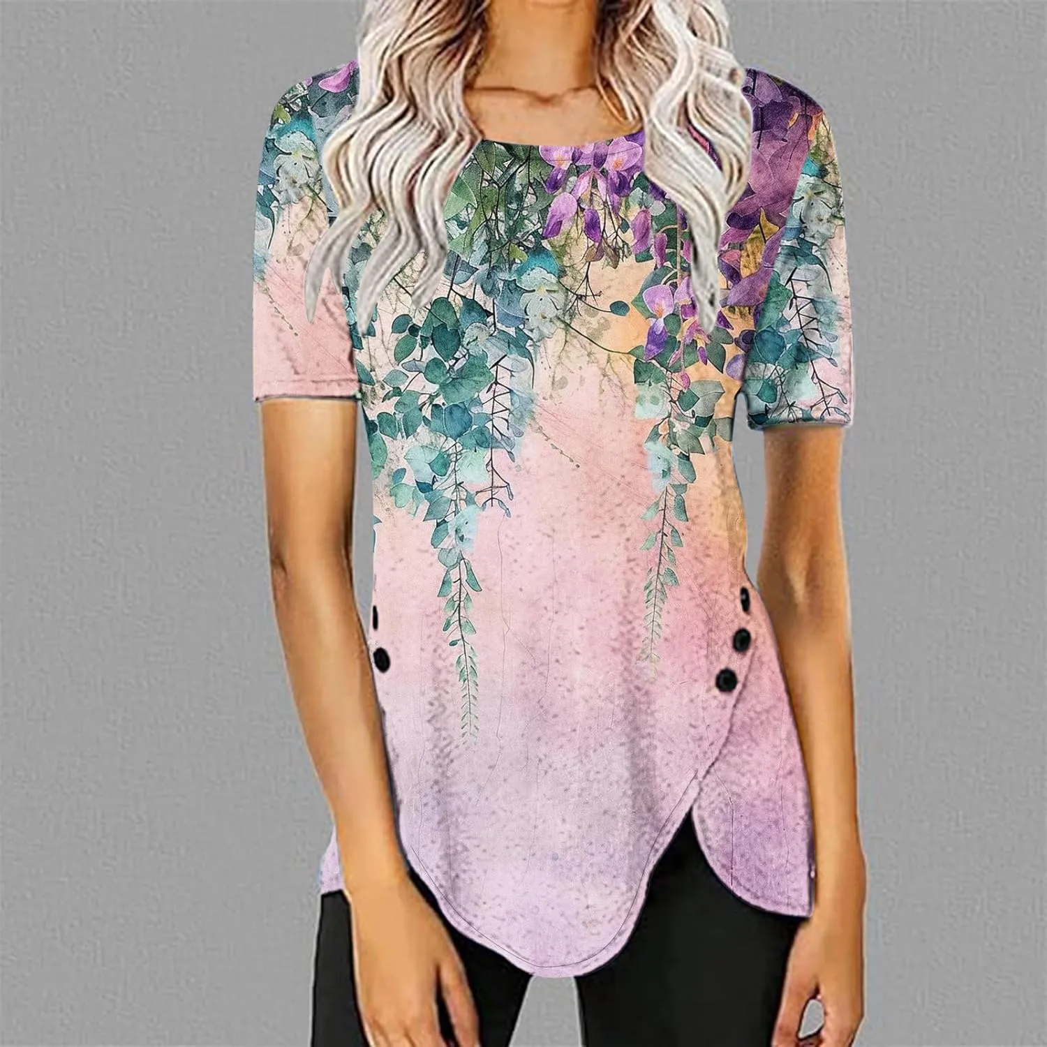 Women 2024 Short Sleeve Summer Shirts Floral Print Fitted Causal Tshirts Boho Blouses Tunics Dressy Trendy Clothes
