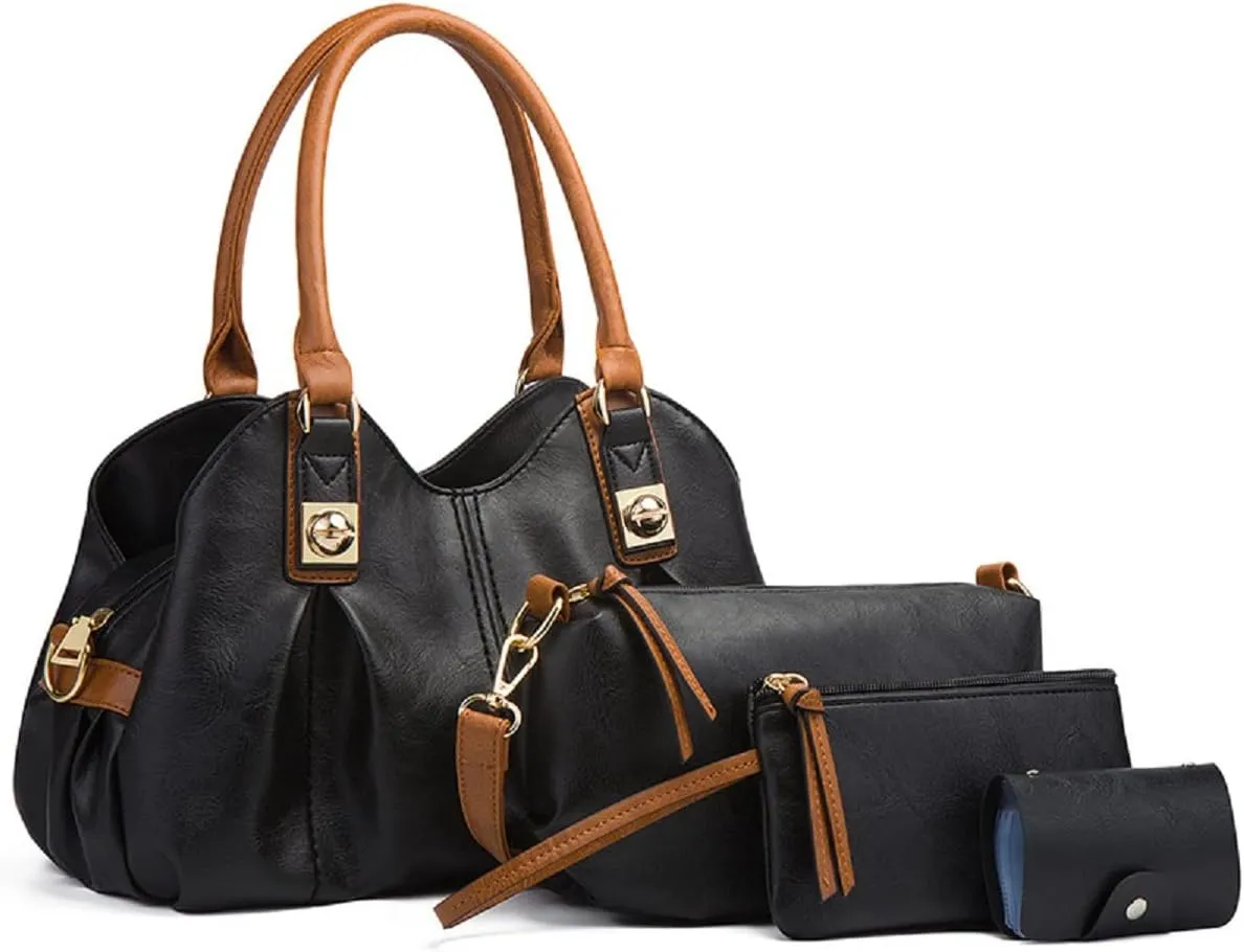 Women 4 Pcs Top Handle Satchel Hobo Handbag Set Large Tote  Purse  Shoulder Bag Card Holder