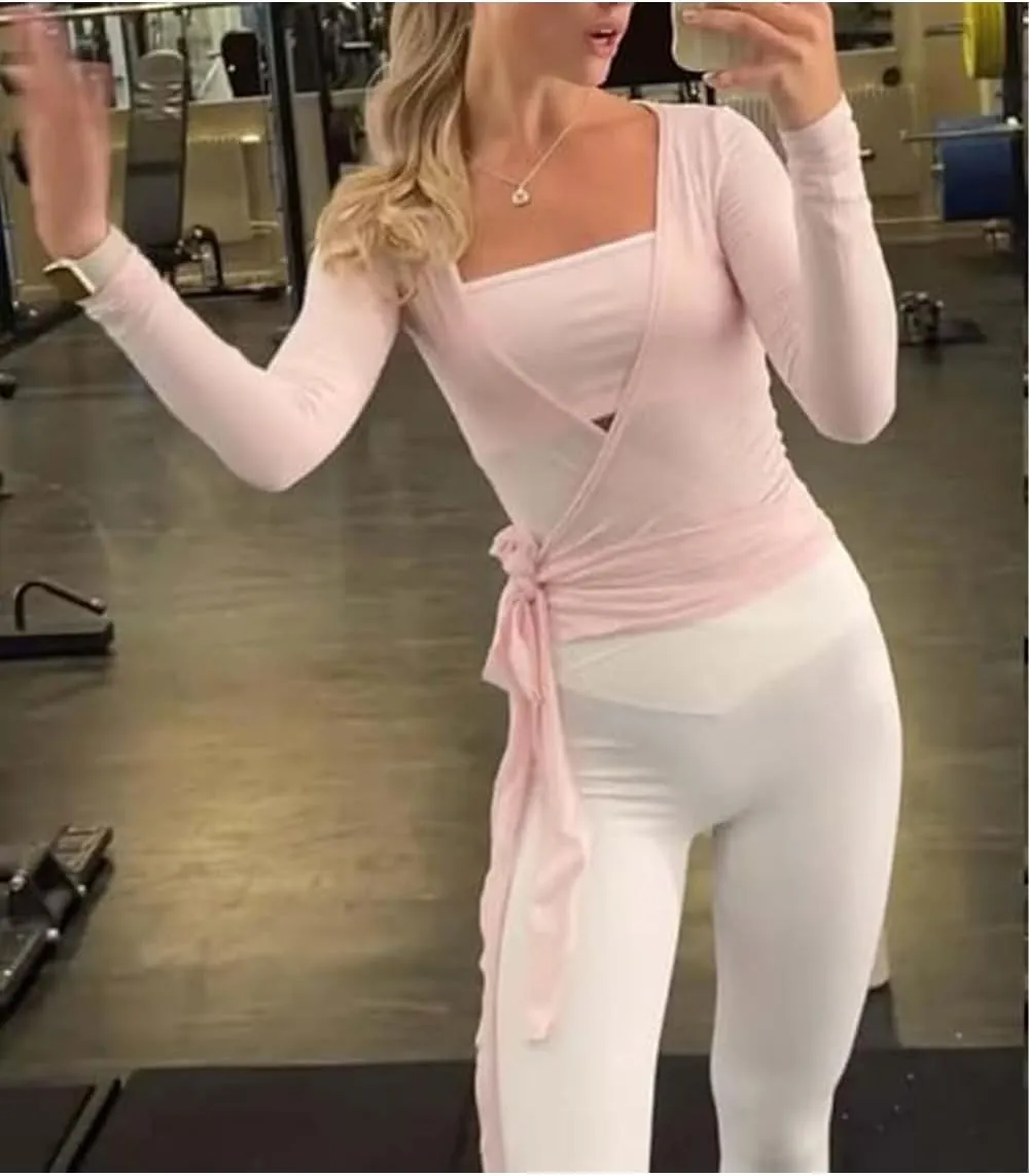 Women Ballet Wrap Top Workout Yoga Dance Long Sleeve Tie Front Pilates Tops Y2k Fairy Going Out Coquette Shirts