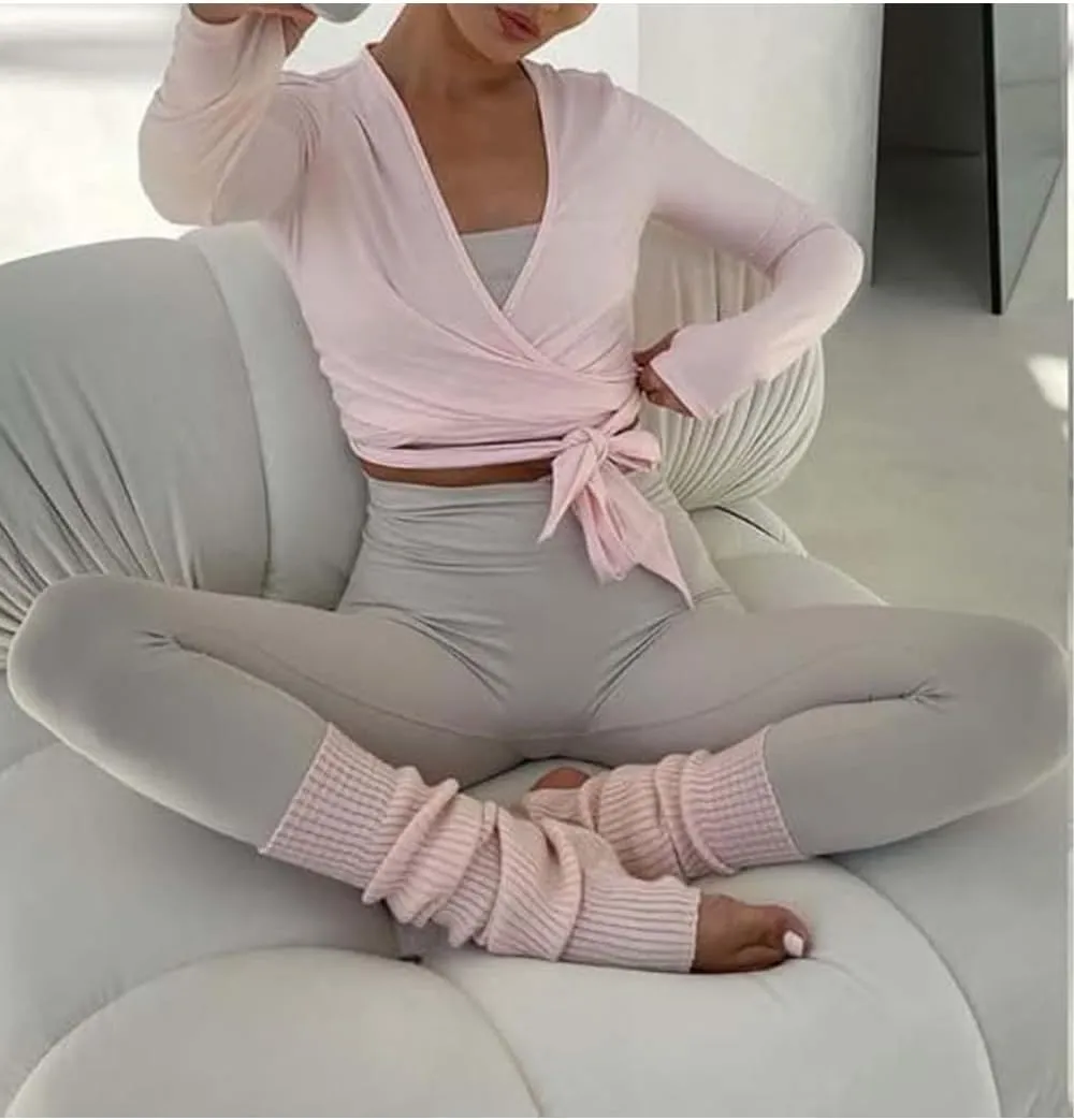 Women Ballet Wrap Top Workout Yoga Dance Long Sleeve Tie Front Pilates Tops Y2k Fairy Going Out Coquette Shirts