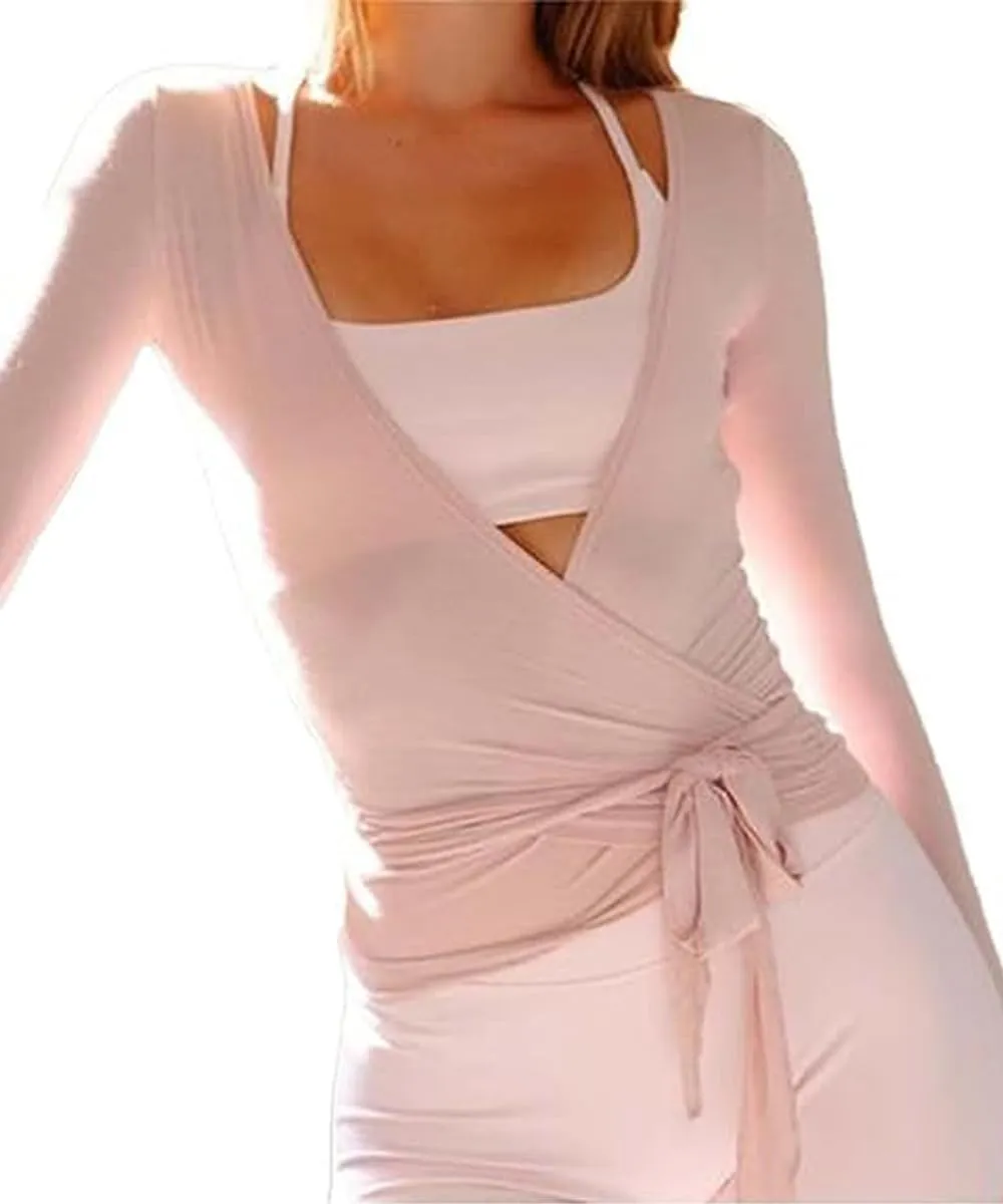 Women Ballet Wrap Top Workout Yoga Dance Long Sleeve Tie Front Pilates Tops Y2k Fairy Going Out Coquette Shirts