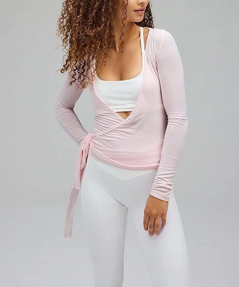 Women Ballet Wrap Top Workout Yoga Dance Long Sleeve Tie Front Pilates Tops Y2k Fairy Going Out Coquette Shirts
