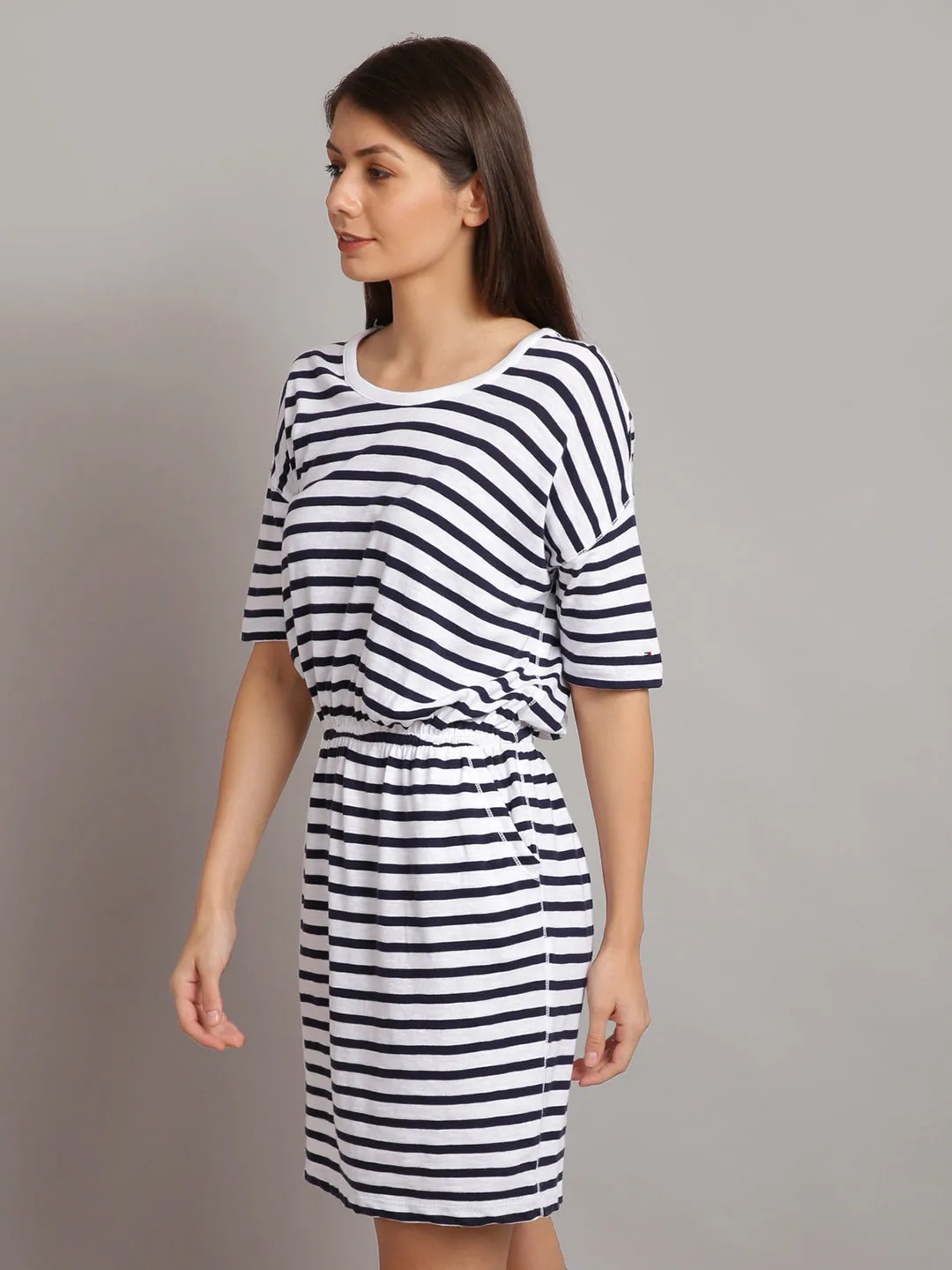 Women Black & White Striped T-shirt Dress