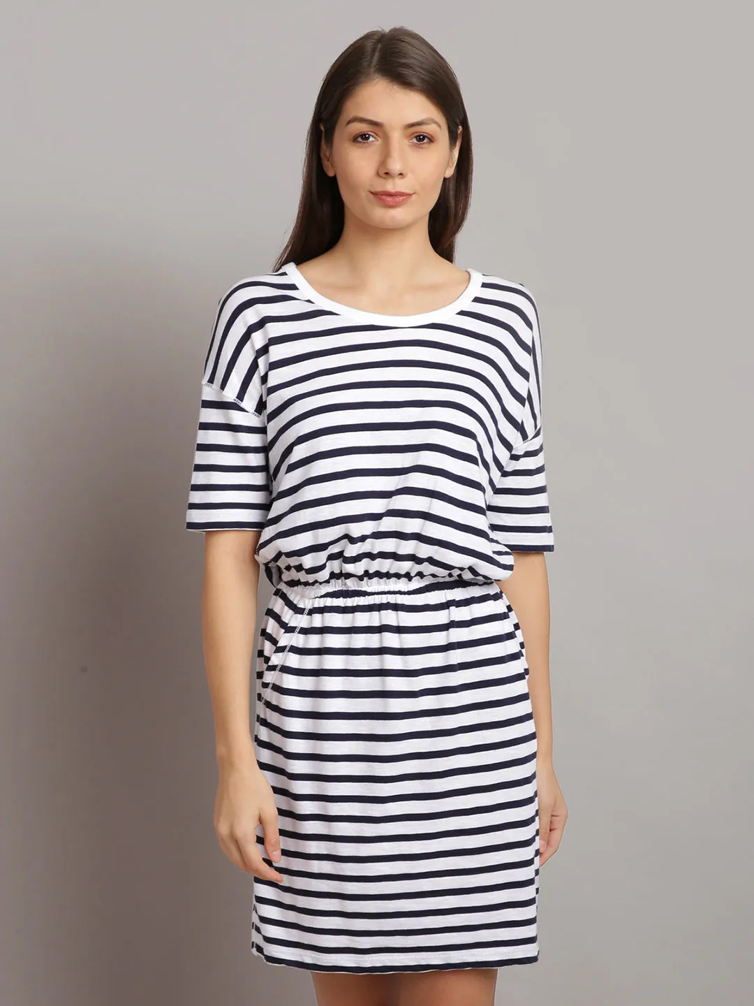 Women Black & White Striped T-shirt Dress