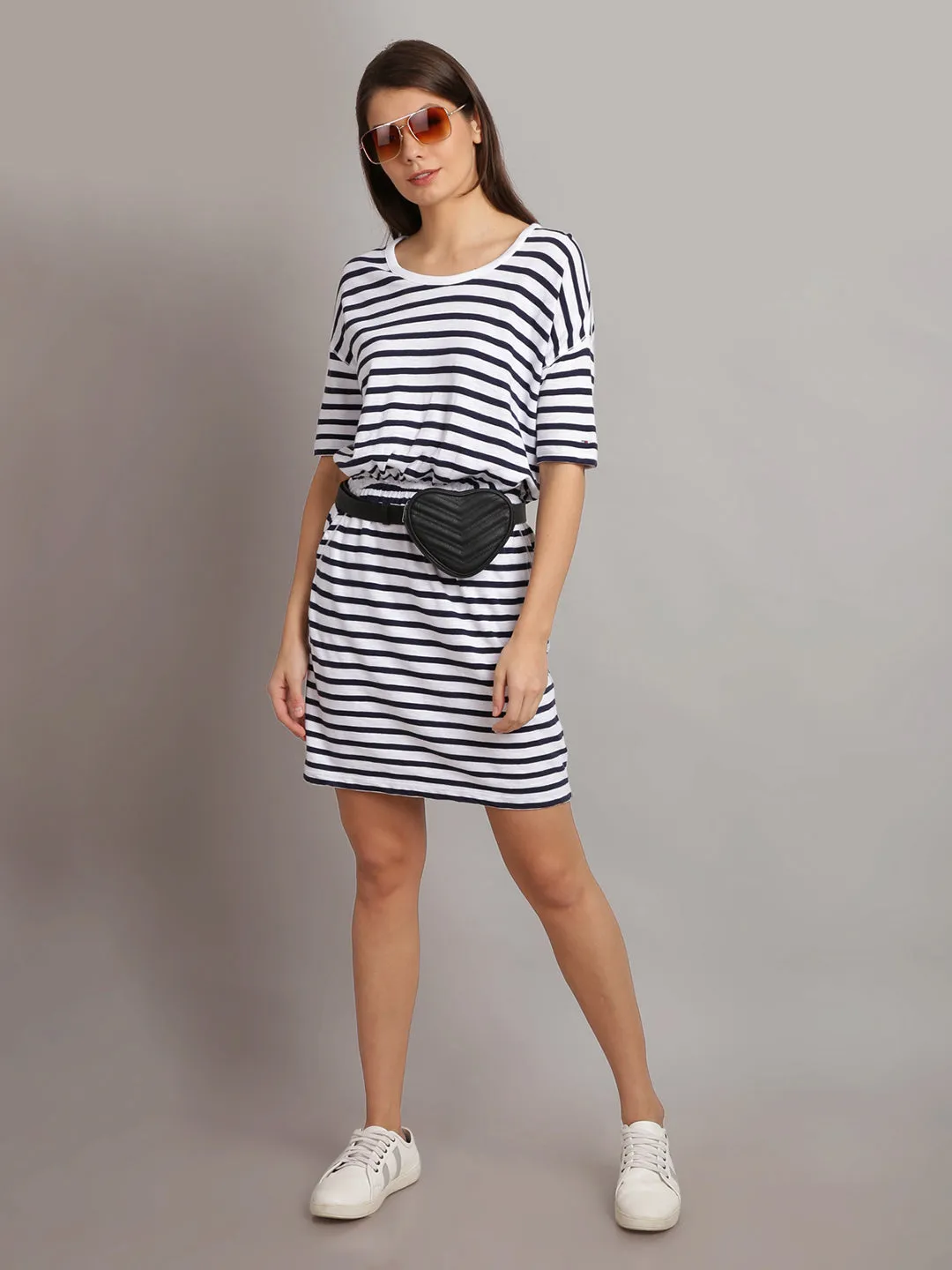 Women Black & White Striped T-shirt Dress