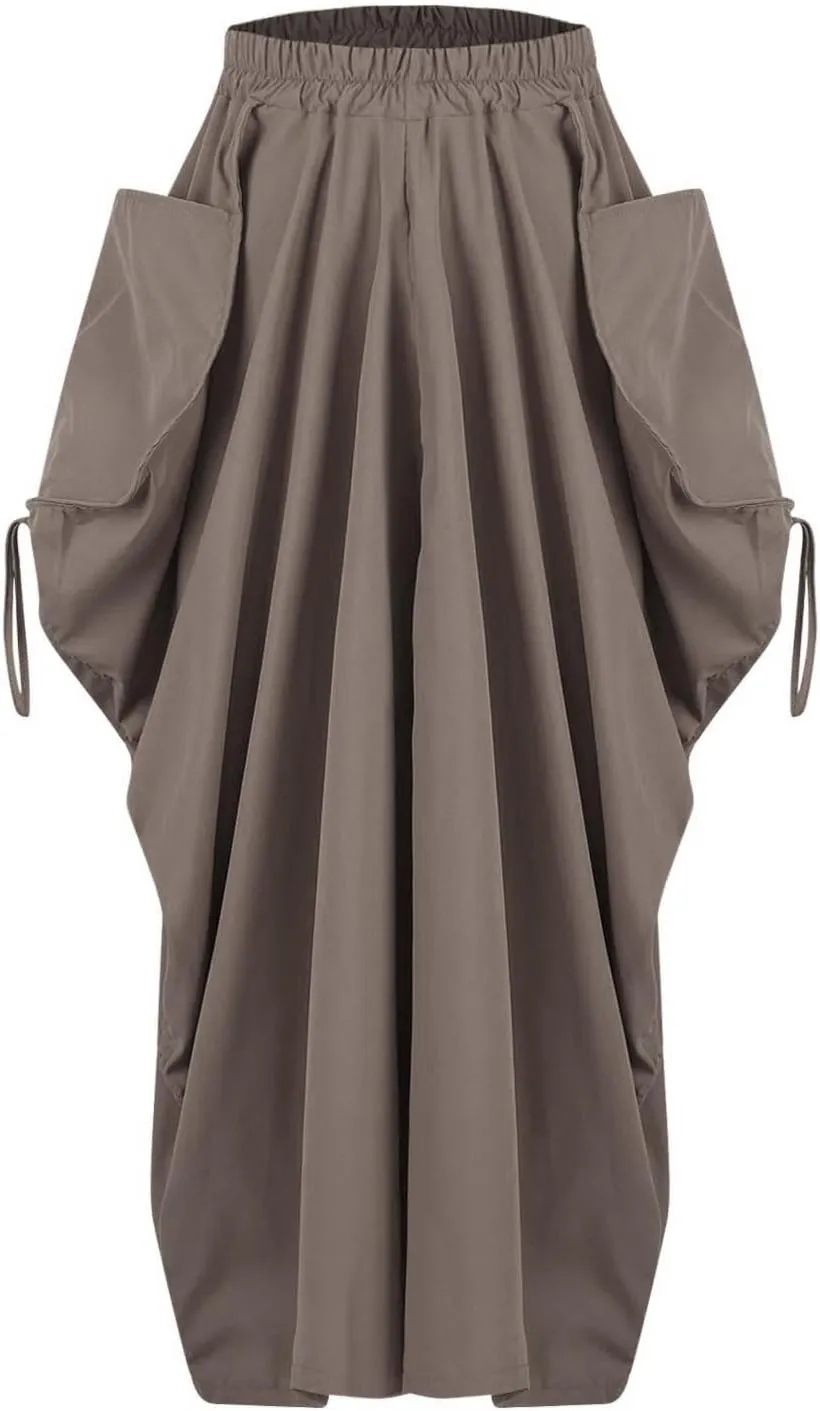 Women Boho Maxi Skirt Elastic High Waist Stretch Long Skirt Casual Y2k Fashion Cargo Skirt with Two Side Pockets