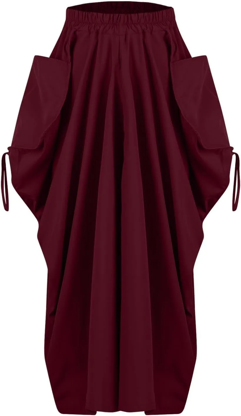 Women Boho Maxi Skirt Elastic High Waist Stretch Long Skirt Casual Y2k Fashion Cargo Skirt with Two Side Pockets
