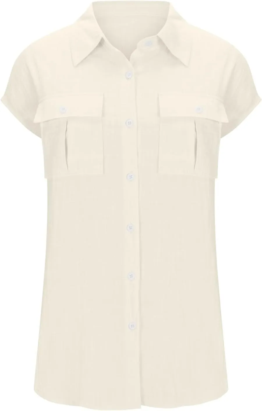 Women Cap Sleeve Button Down Shirts Summer Cotton Work Tees Blouse Lapel Collar Loose Tops Casual Solid T-Shirt