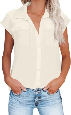 Women Cap Sleeve Button Down Shirts Summer Cotton Work Tees Blouse Lapel Collar Loose Tops Casual Solid T-Shirt