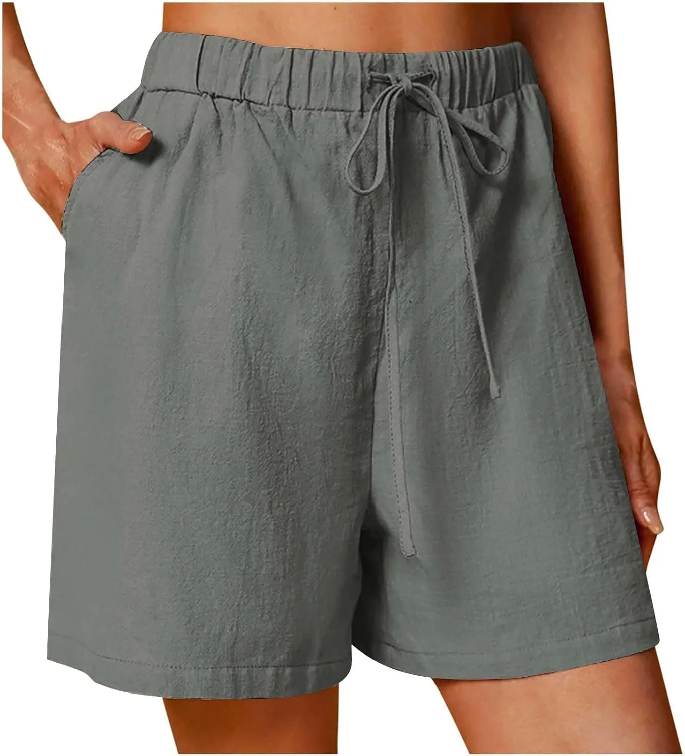Women Cotton Linen Beach Shorts Drawstring Elastic High Waisted Shorts Casual Summer Shorts Comfy Vacation Clothes