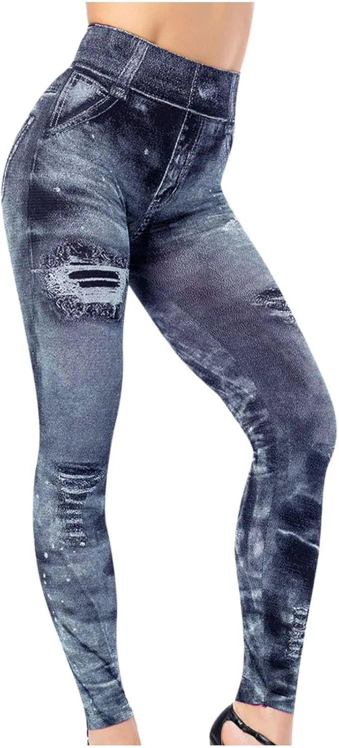Women Denim Print Leggings Fake Jeans Seamless Full Length Tights High Waist Jeggings Workout Sport Yoga Pants