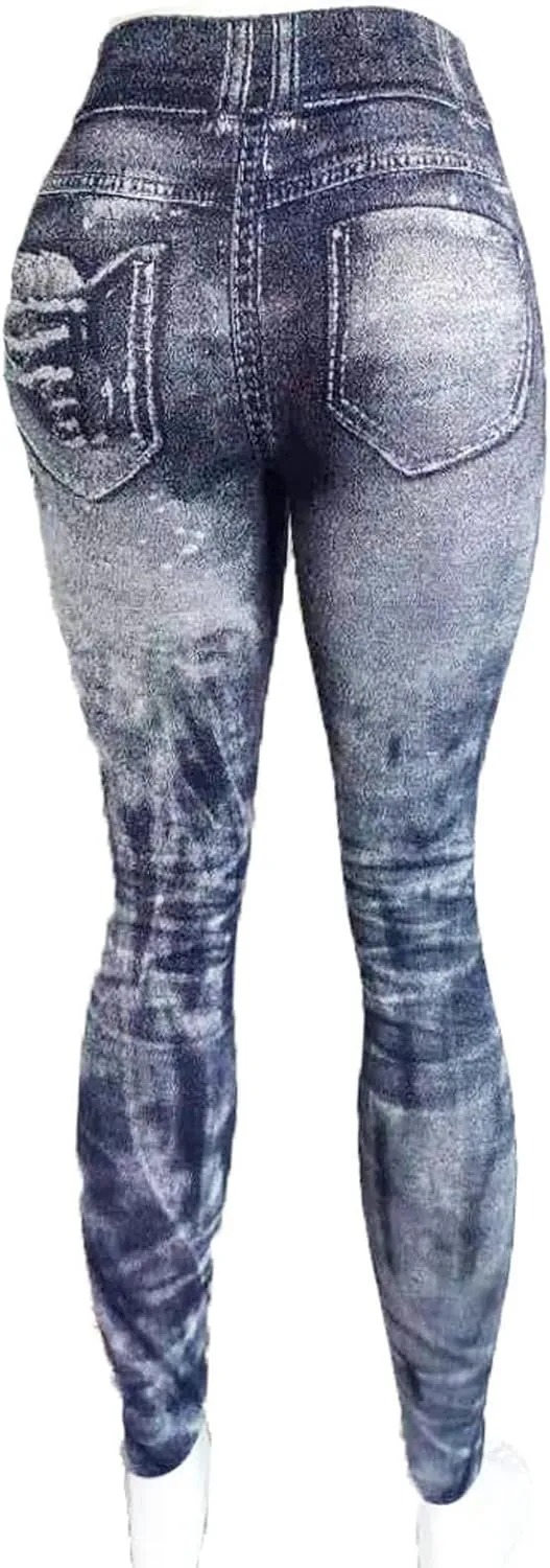 Women Denim Print Leggings Fake Jeans Seamless Full Length Tights High Waist Jeggings Workout Sport Yoga Pants