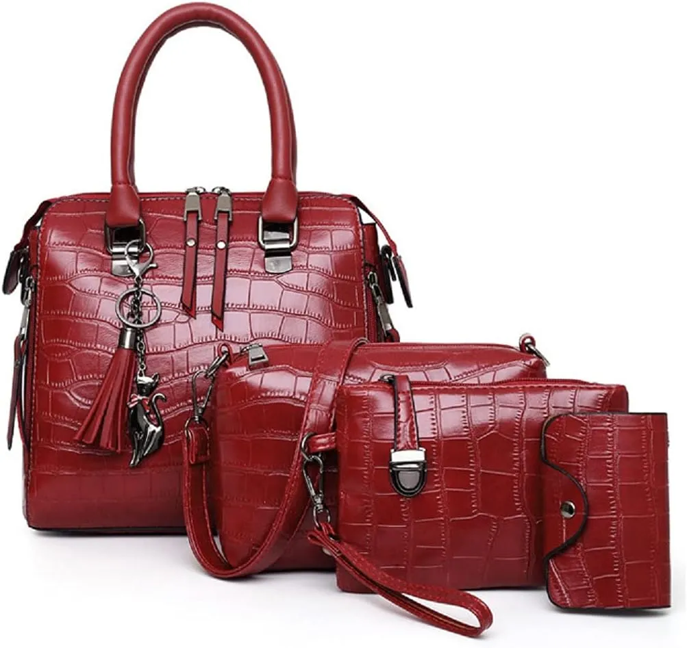 Women Fashion Handbags Tassel Pendant Wallet Tote Bag Shoulder Bag Top Handle Satchel Purse Set 4pcs