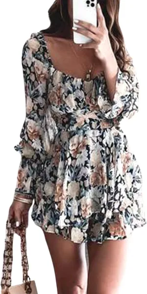 Women Floral Print Baggy Sleeve Waist Tie Double Layer Ruffle Hem Short Mini Dress Look Jumpsuits Rompers