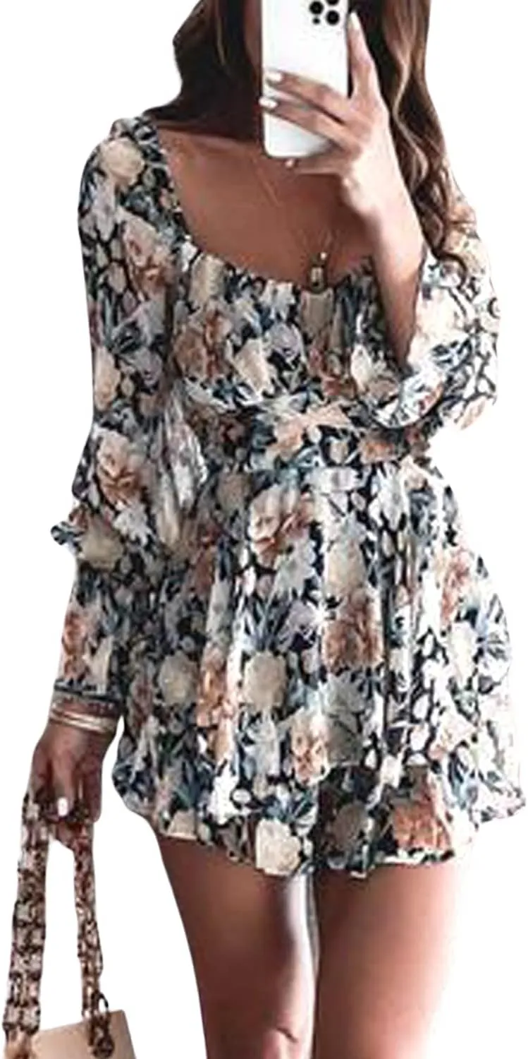 Women Floral Print Baggy Sleeve Waist Tie Double Layer Ruffle Hem Short Mini Dress Look Jumpsuits Rompers