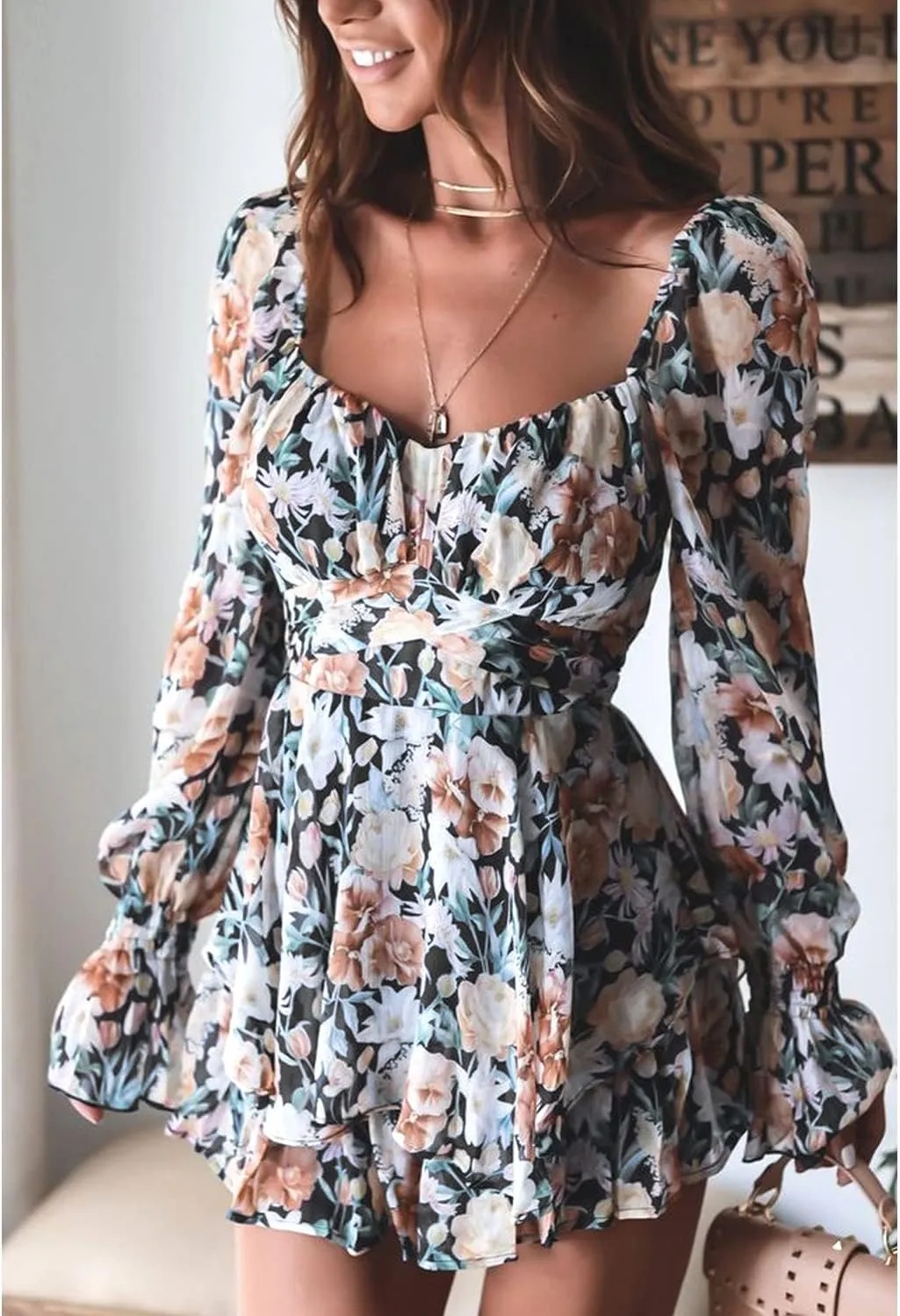 Women Floral Print Baggy Sleeve Waist Tie Double Layer Ruffle Hem Short Mini Dress Look Jumpsuits Rompers