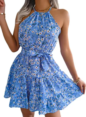 Women Floral Print Mini Dress with Flounced Edge Party Casual Style Bohemian Dress