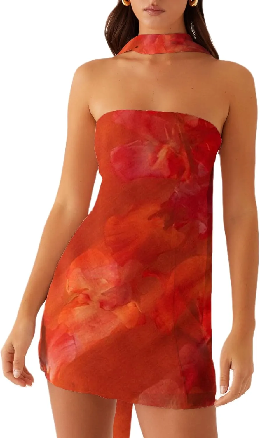 Women Floral Strapless Tube Mini Dress Y2K Flower Backless Bodycon Summer Formal Cocktail Short Dress with Scarf