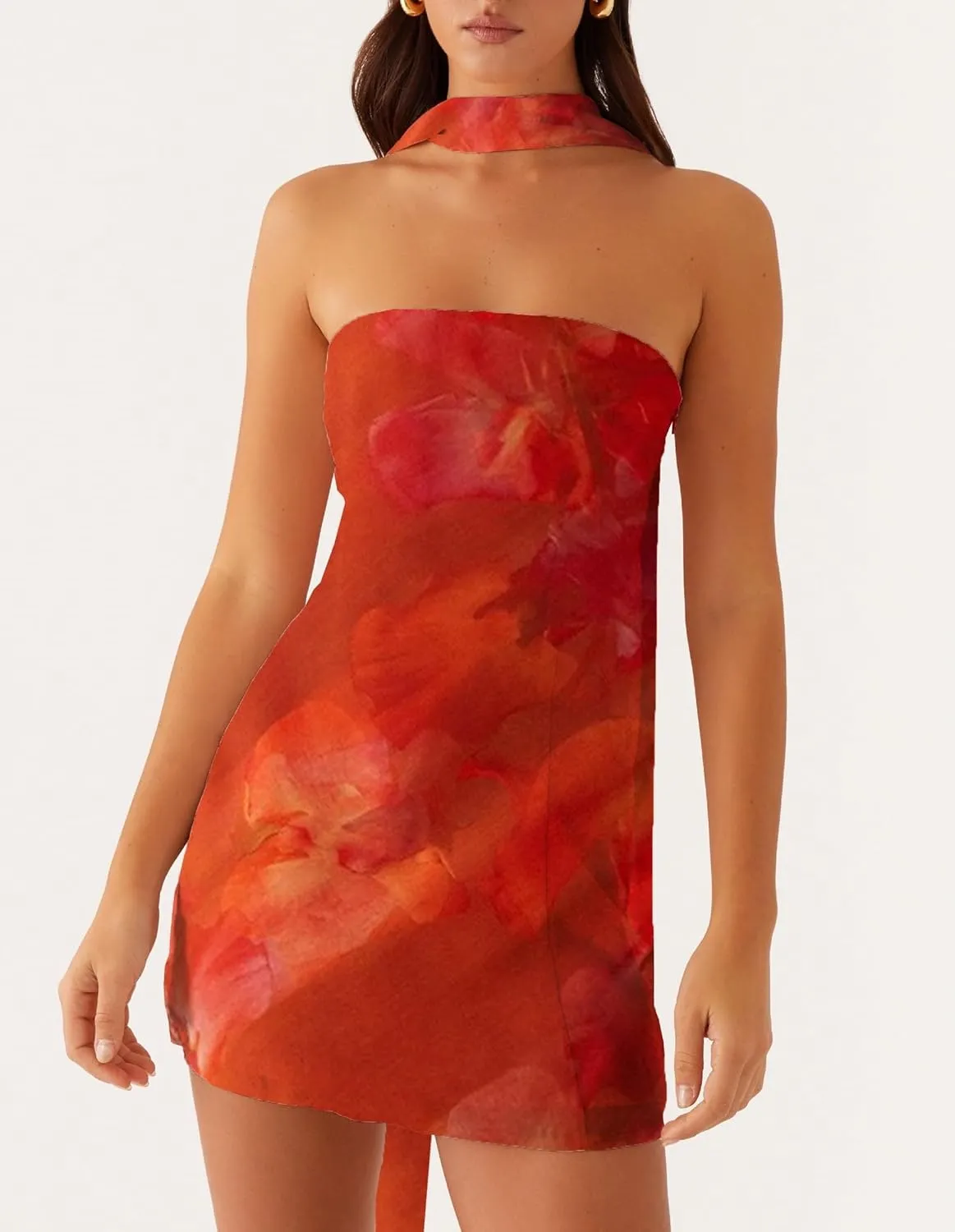 Women Floral Strapless Tube Mini Dress Y2K Flower Backless Bodycon Summer Formal Cocktail Short Dress with Scarf