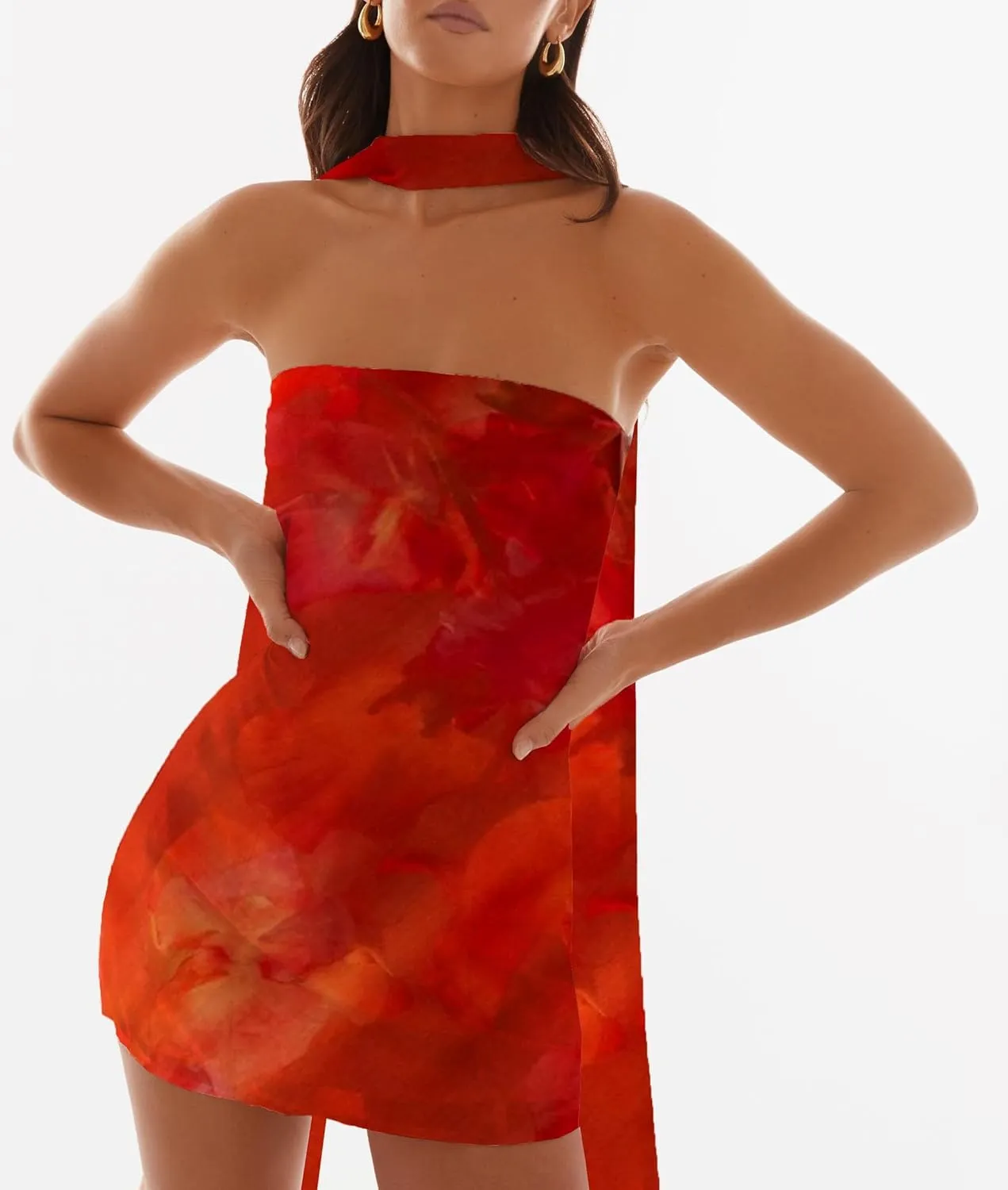 Women Floral Strapless Tube Mini Dress Y2K Flower Backless Bodycon Summer Formal Cocktail Short Dress with Scarf