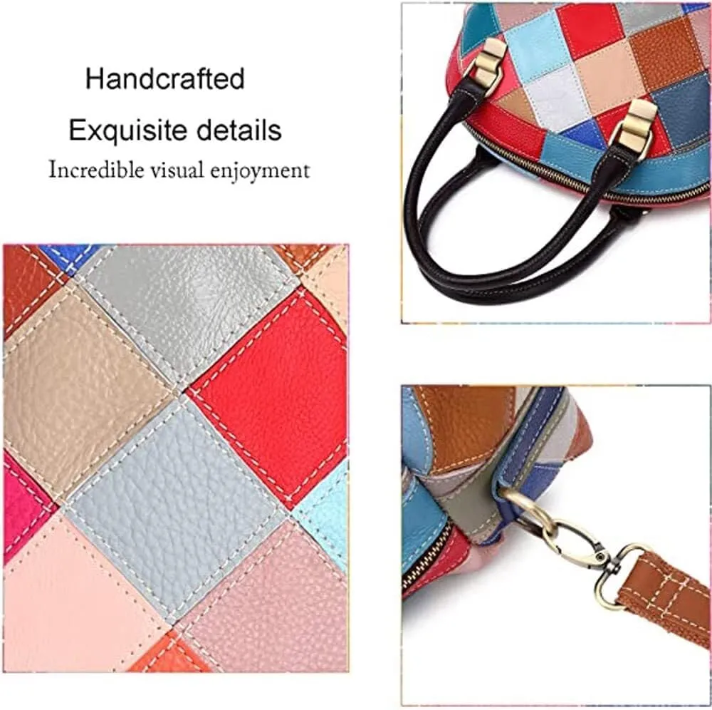 Women Handbags Genuine Leather Multicolor Square Splice Satchel Tote Purse with Long Strap Top Handle Handbags