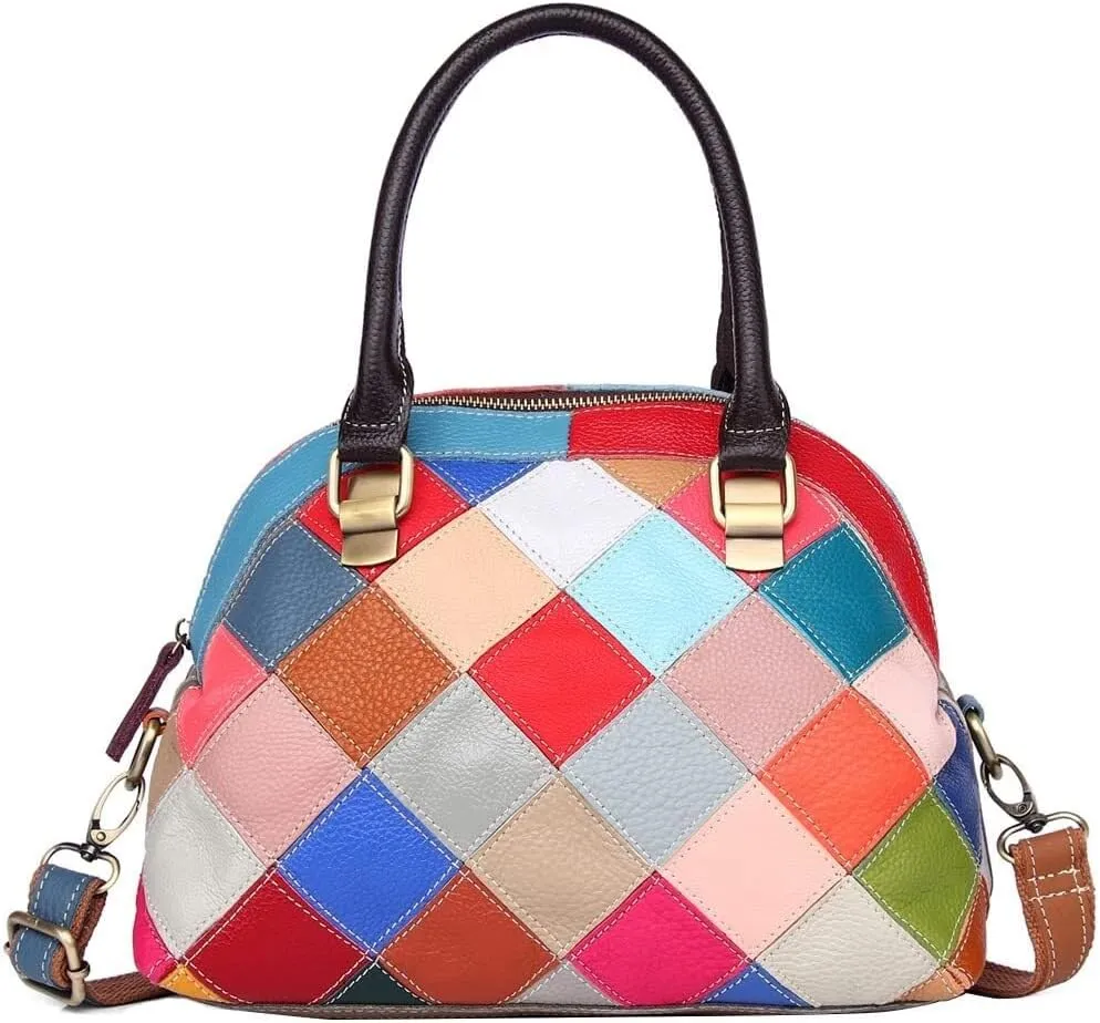 Women Handbags Genuine Leather Multicolor Square Splice Satchel Tote Purse with Long Strap Top Handle Handbags