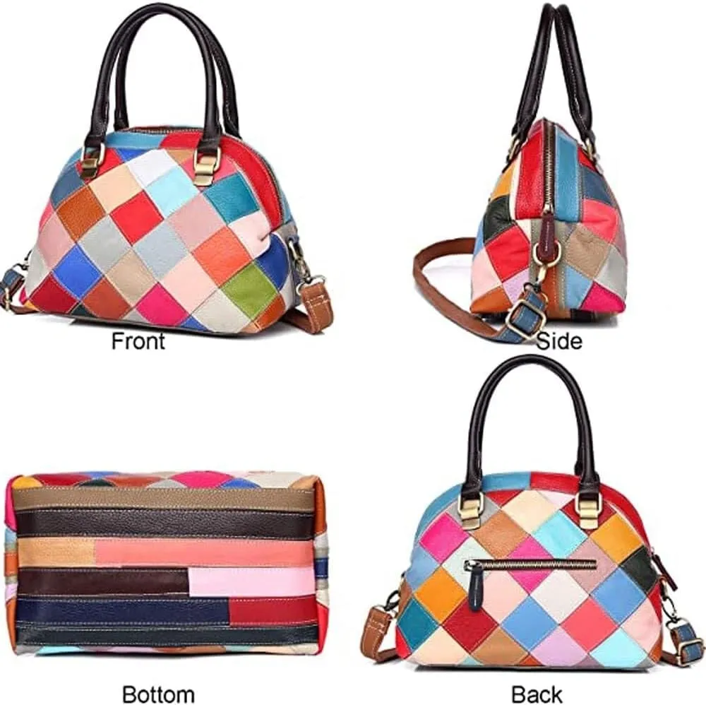 Women Handbags Genuine Leather Multicolor Square Splice Satchel Tote Purse with Long Strap Top Handle Handbags