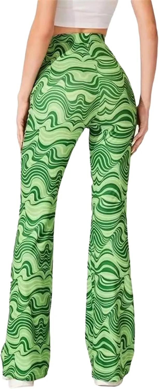 Women High Waist Y2K Printed Elastic Pants Flare Leg Bell Bottom Pants Casual Color Block Trousers 90s Streetwear