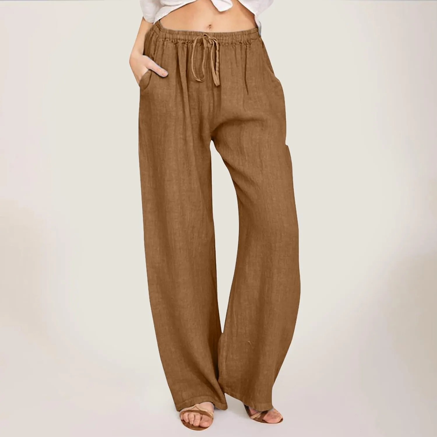 Women Linen Blend Summer Comfy Palazzo Lounge Pants Elastic Waisted Baggy Stretchy Loose Fit Pant Trousers