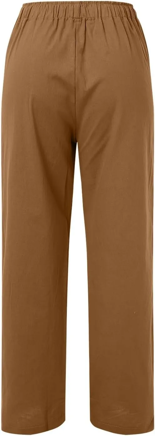 Women Linen Blend Summer Comfy Palazzo Lounge Pants Elastic Waisted Baggy Stretchy Loose Fit Pant Trousers