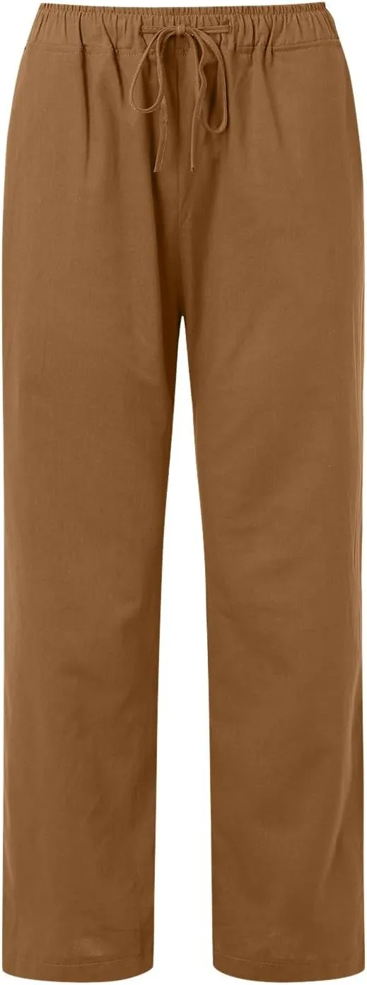 Women Linen Blend Summer Comfy Palazzo Lounge Pants Elastic Waisted Baggy Stretchy Loose Fit Pant Trousers