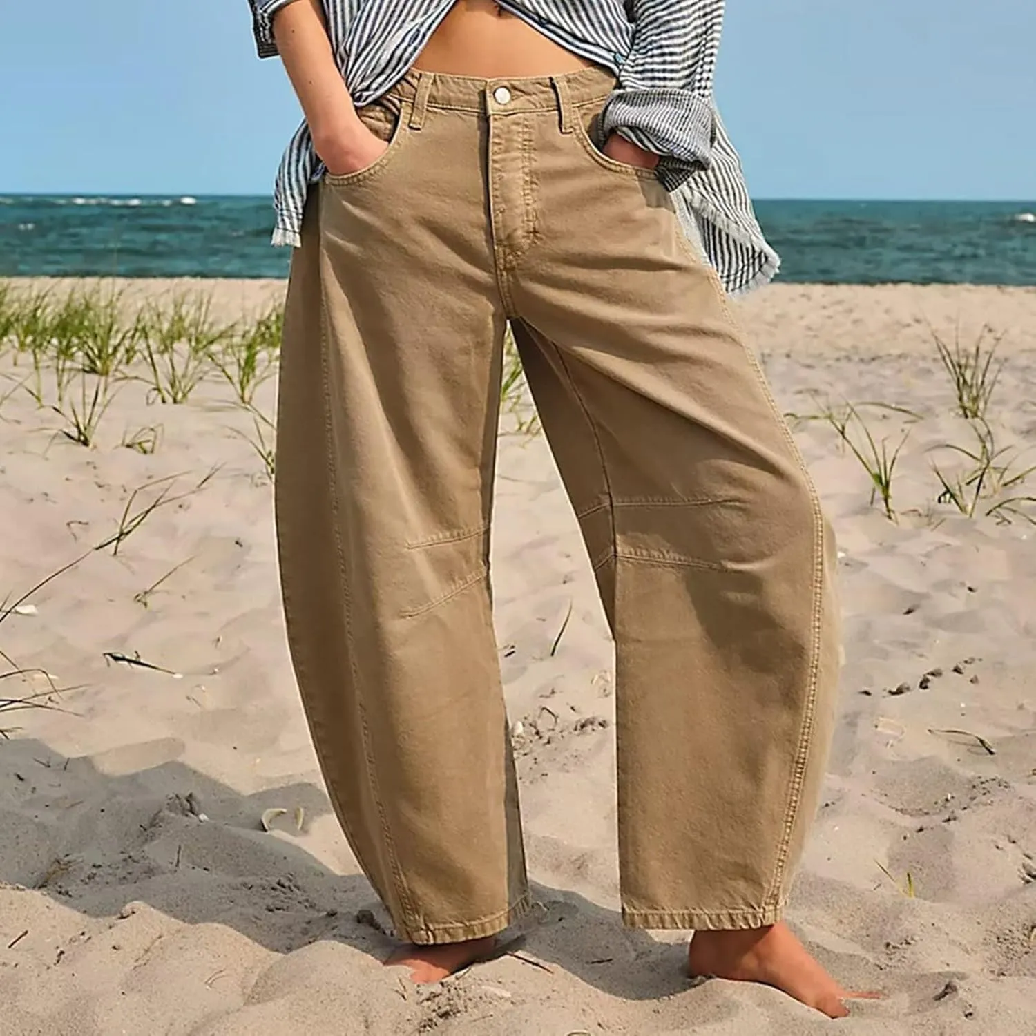 Women Linen Blend Summer Loose Flowy Palazzo Pants Elastic Waisted Bootcut Slim-Fit Palazzo Pants Travel
