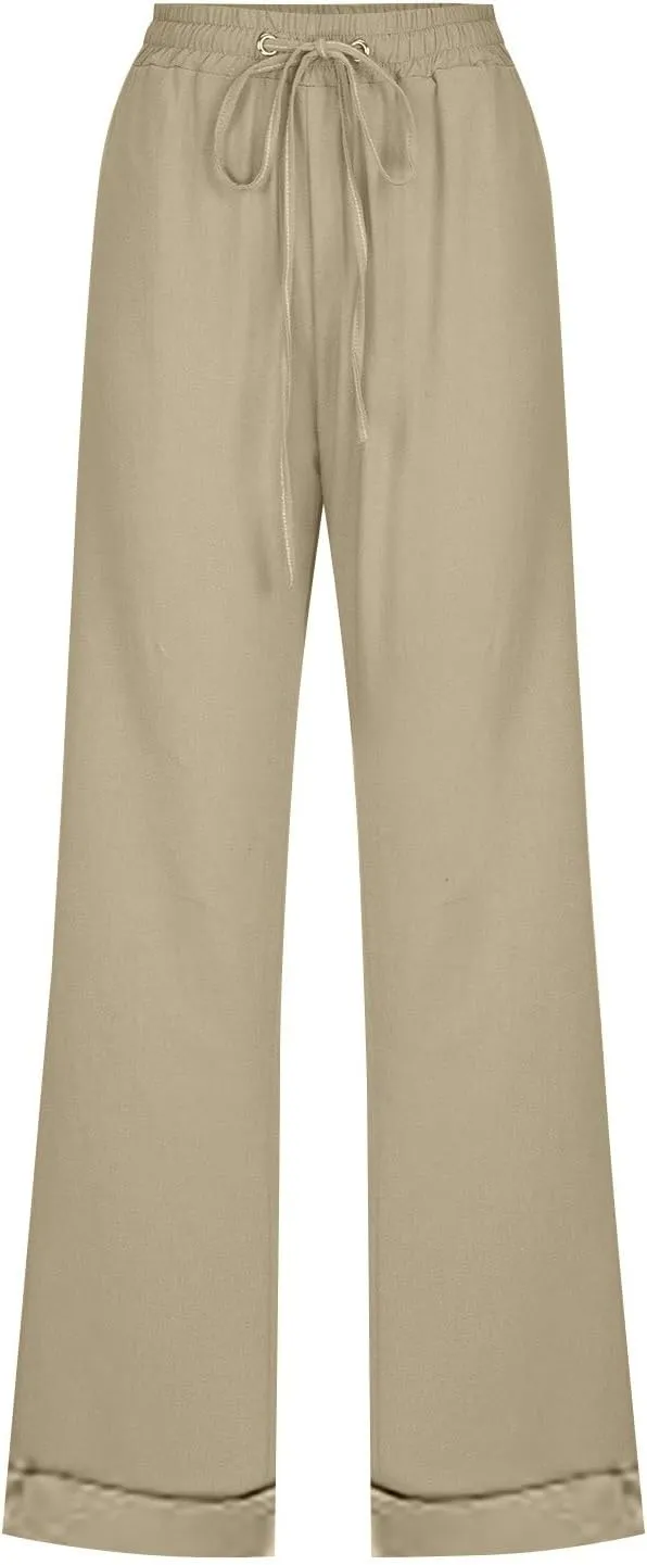 Women Linen Blend Summer Tie Knot Pant Trousers Elastic Waisted Lounge Pants Slim Fit Palazzo Pants Work Business