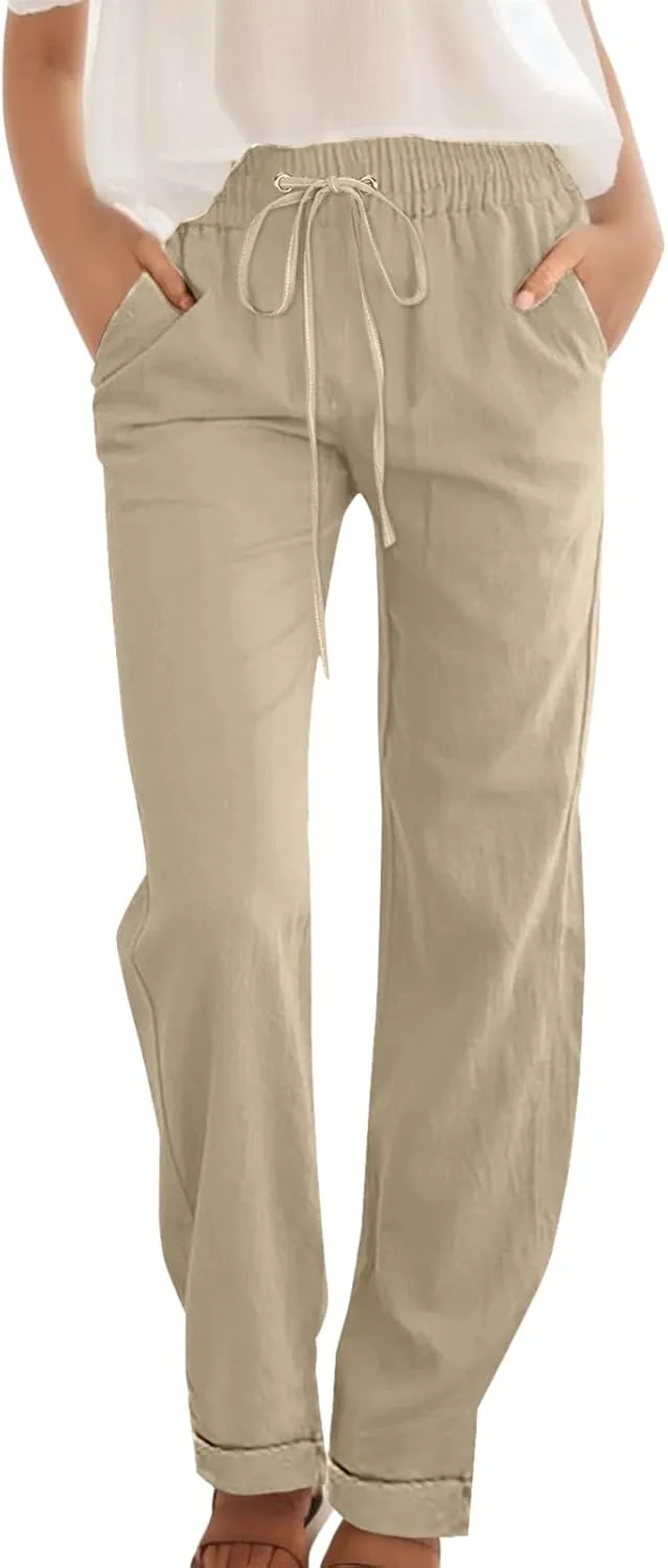 Women Linen Blend Summer Tie Knot Pant Trousers Elastic Waisted Lounge Pants Slim Fit Palazzo Pants Work Business